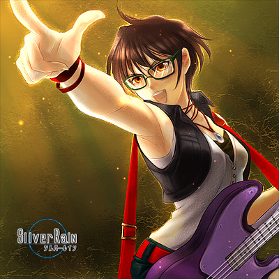 silver rain, lowres, brown eyes, brown hair, glasses, guitar, instrument, short hair, solo