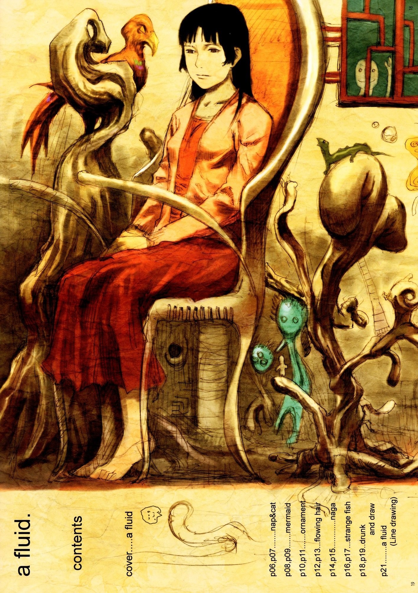 abe yoshitoshi, highres, scan, bird, black hair, chair, lizard, long hair, ryuu tai