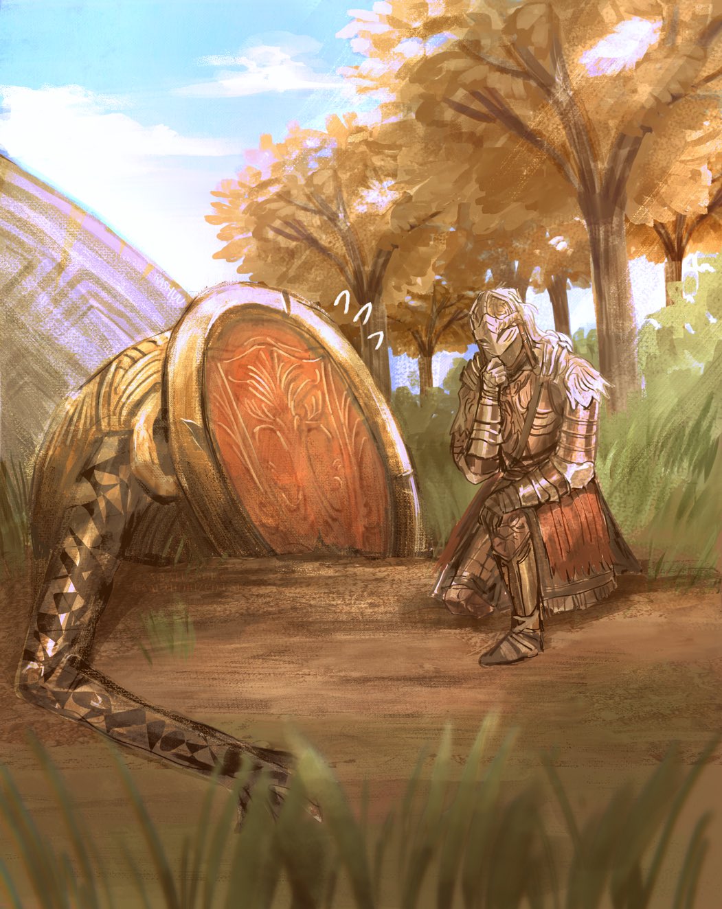 rashuu, bloody wolf (elden ring), iron fist alexander, tarnished (elden ring), elden ring, commentary, english commentary, highres, 1other, ambiguous gender, armor, autumn leaves, blue sky, blurry, blurry foreground, cloud, grass, greaves, in-universe location, inktober, leaf, mask, on one knee, outdoors, scene reference, sky, stuck, tree