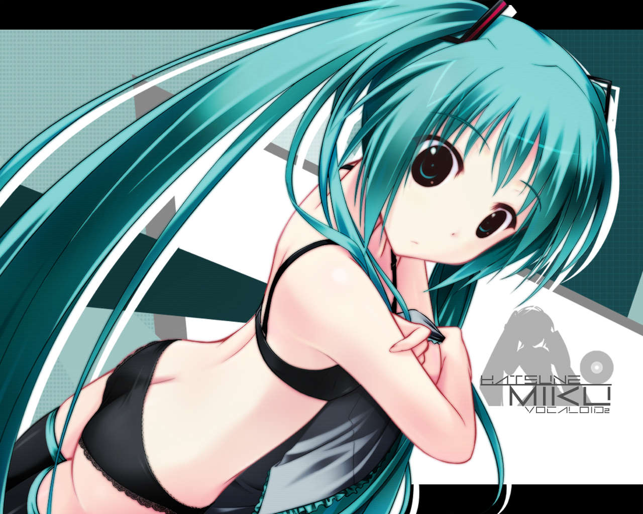 amino, amino kohaku, hatsune miku, vocaloid, non-web source, 1girl, aqua eyes, aqua hair, ass, back, black bra, black panties, black thighhighs, bra, butt crack, dutch angle, female focus, lace, letterboxed, lingerie, long hair, panties, solo, thighhighs, twintails, underwear, underwear only, very long hair