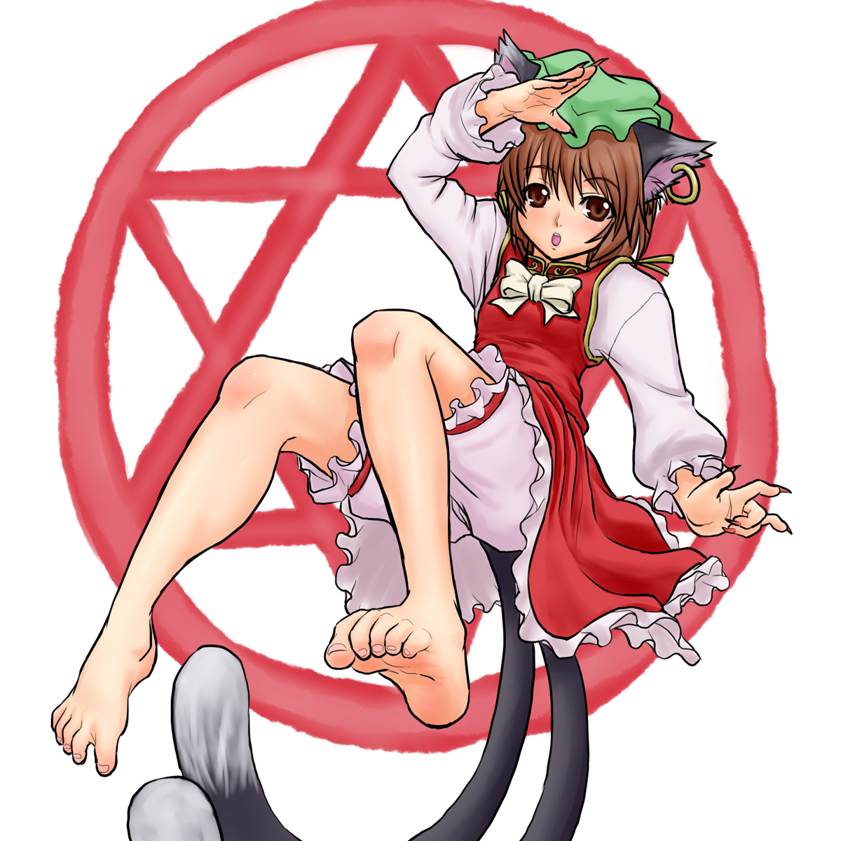 kuro suto sukii, chen, touhou, highres, 1girl, animal ears, barefoot, brown eyes, brown hair, cat ears, cat girl, cat tail, earrings, feet, female focus, fingernails, foot focus, full body, hat, hexagram, jewelry, sharp fingernails, short hair, soles, solo, tail, toenails, toes, white background