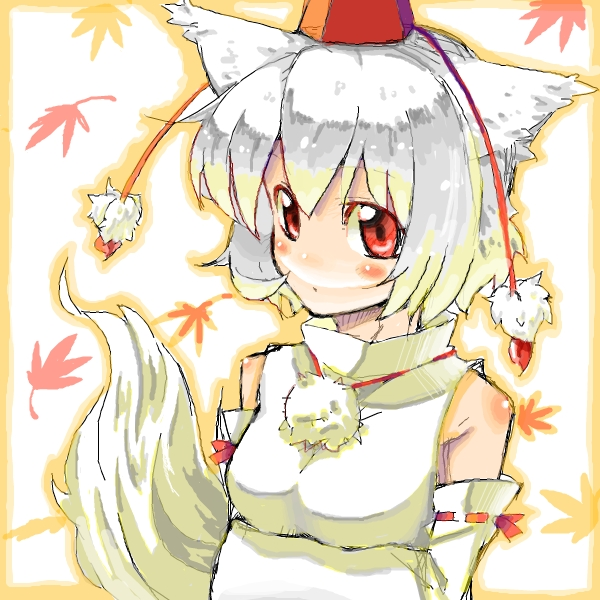kazuma (kazumav), inubashiri momiji, touhou, silver hair, 1girl, animal ears, detached sleeves, female focus, hat, plant, red eyes, solo, tail, tokin hat, upper body, white background, wolf ears, wolf tail