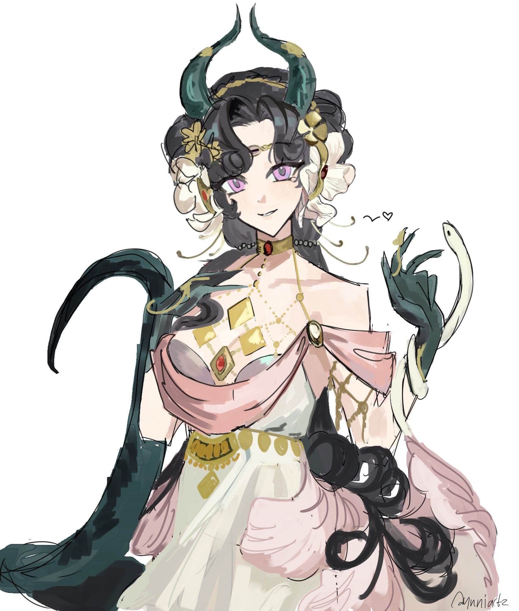 anjo nala, reverse:1999, highres, 1girl, bare shoulders, black hair, demon girl, demon horns, dress, gloves, green tail, grey gloves, hair ornament, hands up, horns, lizard tail, long hair, looking at viewer, off-shoulder dress, off shoulder, official alternate costume, purple eyes, solo, tail, upper body, white dress, yundrawingz