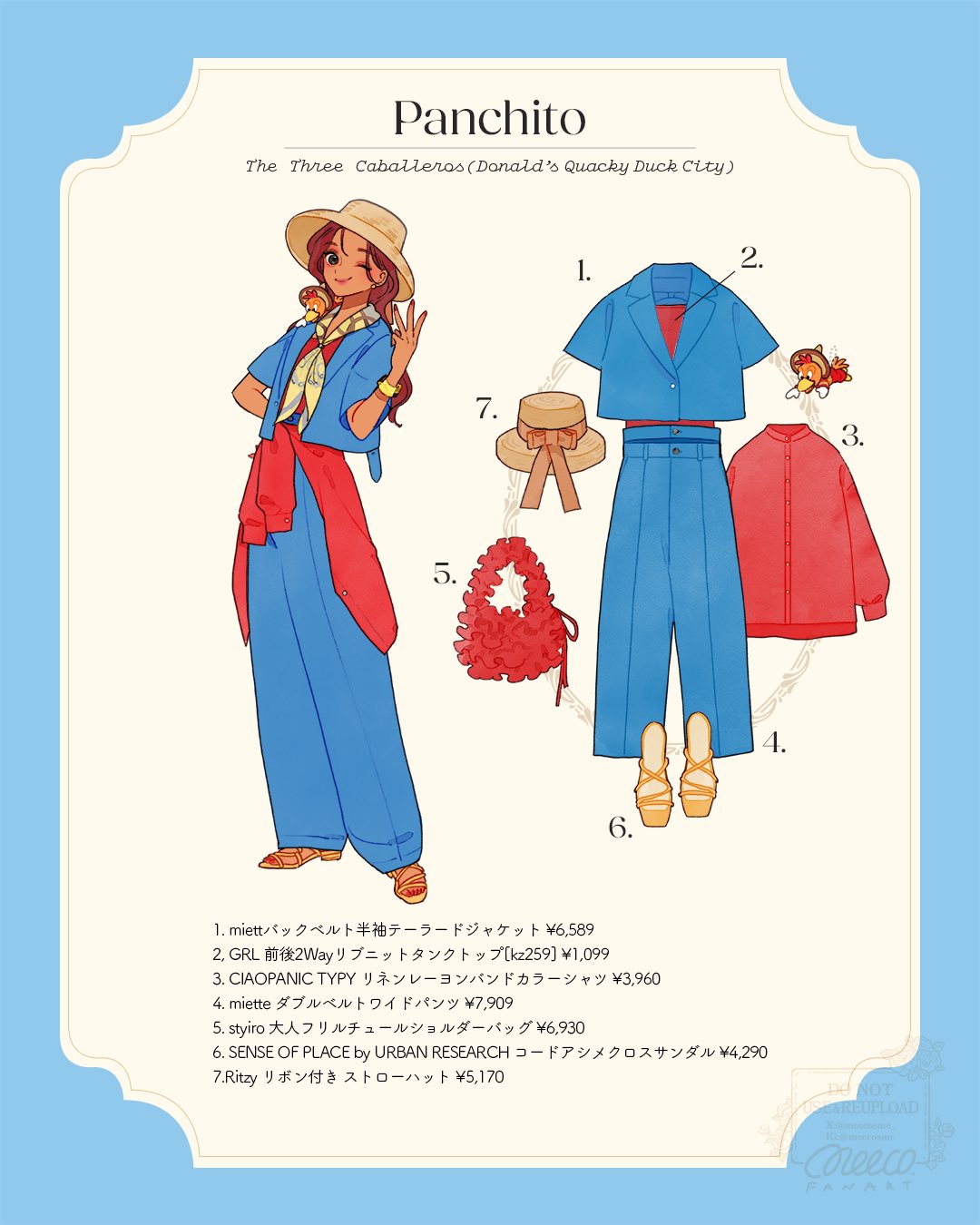 meecosme, panchito pistoles, mickey mouse & friends, the three caballeros, commentary request, highres, translation request, 1girl, english text, genderswap, hat, humanization, pants, red hair, reference sheet, sandals, shirt, short hair, smile, sombrero