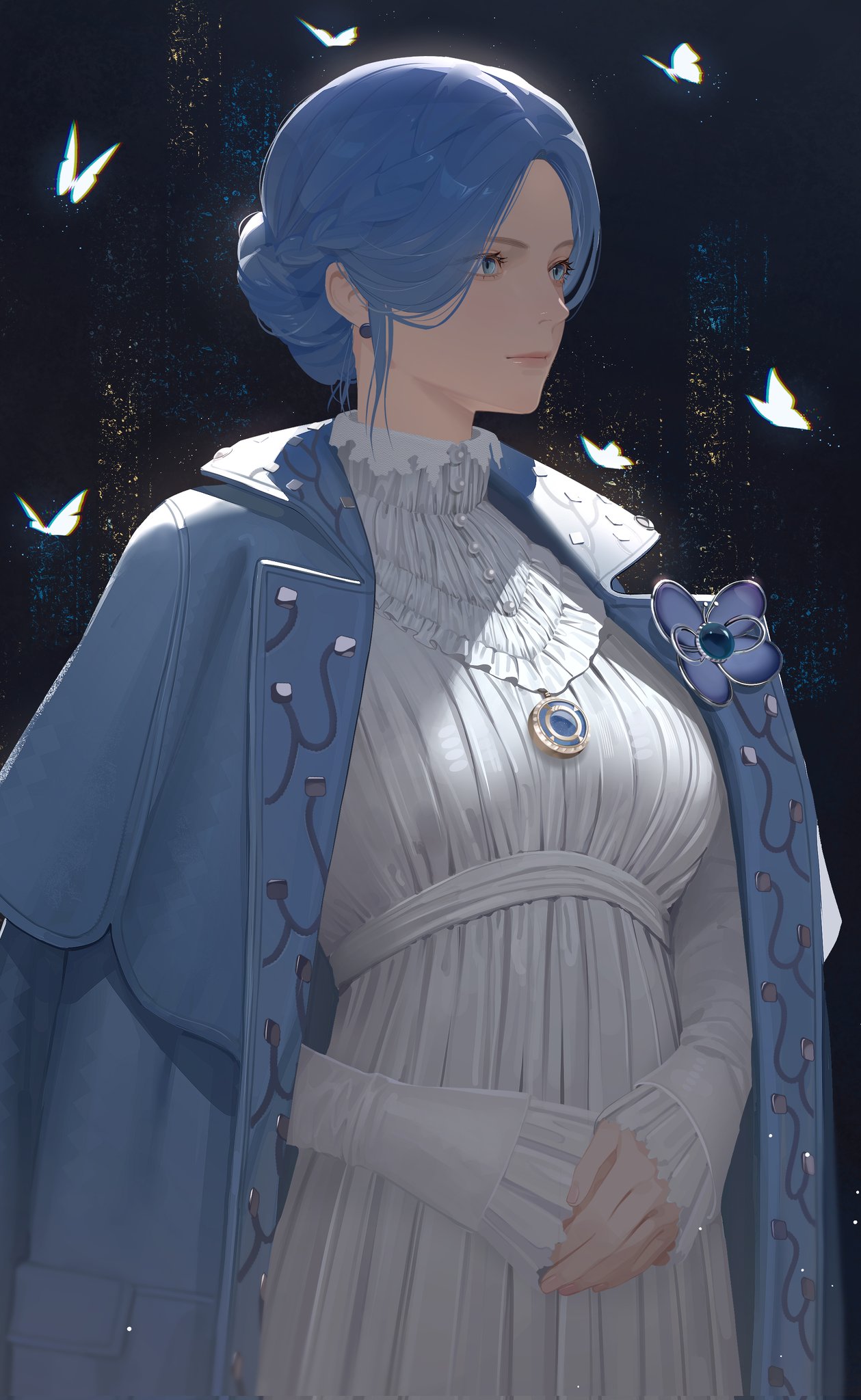 drid, sophia monad, lies of p, commentary, english commentary, highres, 1girl, blue coat, blue eyes, blue hair, bug, butterfly, closed mouth, coat, dress, eyelashes, insect, looking ahead, open clothes, open coat, own hands together, solo, standing, white butterfly, white dress