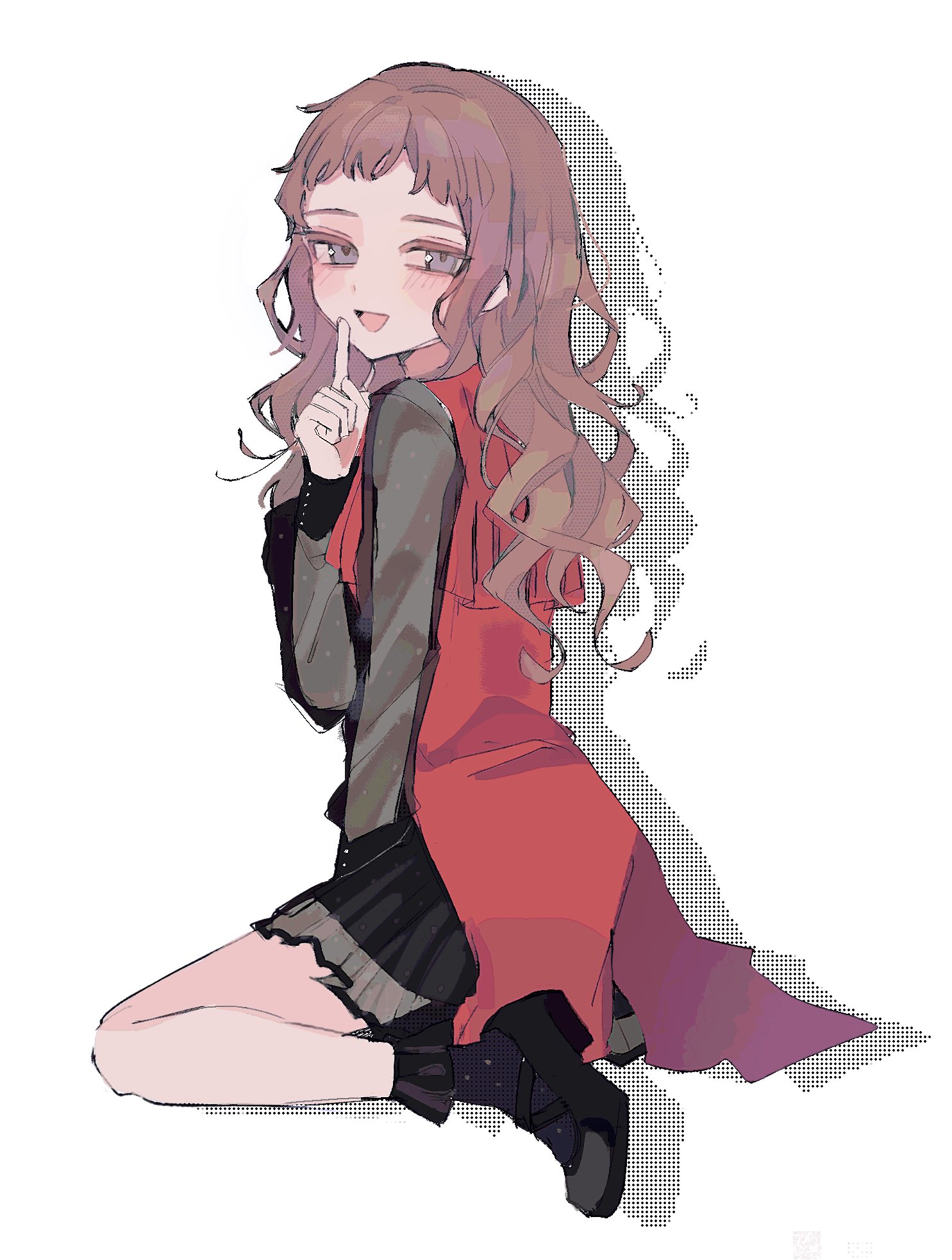 kukrushka (gnosia), gnosia, highres, 1girl, brown hair, dress, eyelashes, grey eyes, hair between eyes, hjm gn, long hair, long sleeves, looking at viewer, open mouth, simple background, smile, solo, upper body, wavy hair