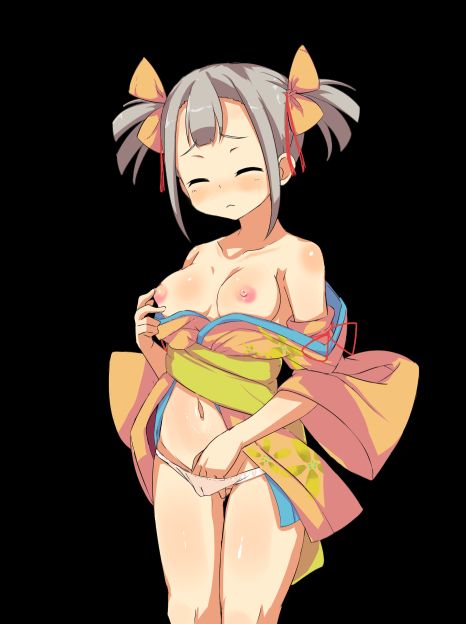 game cg, large variant set, variant set, 1girl, anime coloring, bare shoulders, black background, blush, bow, breasts, closed eyes, closed mouth, clothed masturbation, collarbone, cowboy shot, detached sleeves, embarrassed, female masturbation, fingering, grey hair, hair between eyes, hair bow, hand in panties, japanese clothes, kimono, looking at viewer, masturbation, medium breasts, mizuha (toraware no kami-sama), navel, nipple rub, nipple stimulation, nipples, no pants, obi, open clothes, open kimono, panties, raised inner eyebrows, sash, short hair, short kimono, simple background, sleeveless, sleeveless kimono, solo, standing, tachi-e, tachinori buranko, thighs, toraware no kami-sama to tabi no shoujo, twintails, underwear, white panties, wide sleeves, yellow bow, yellow kimono, yellow sash