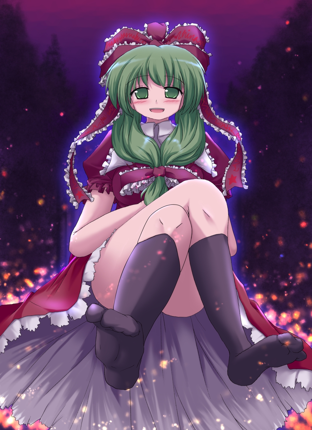 lzh, kagiyama hina, touhou, highres, 1girl, black socks, blush, bow, feet, female focus, front ponytail, green eyes, green hair, hair ribbon, kneehighs, matching hair/eyes, ribbon, socks, solo