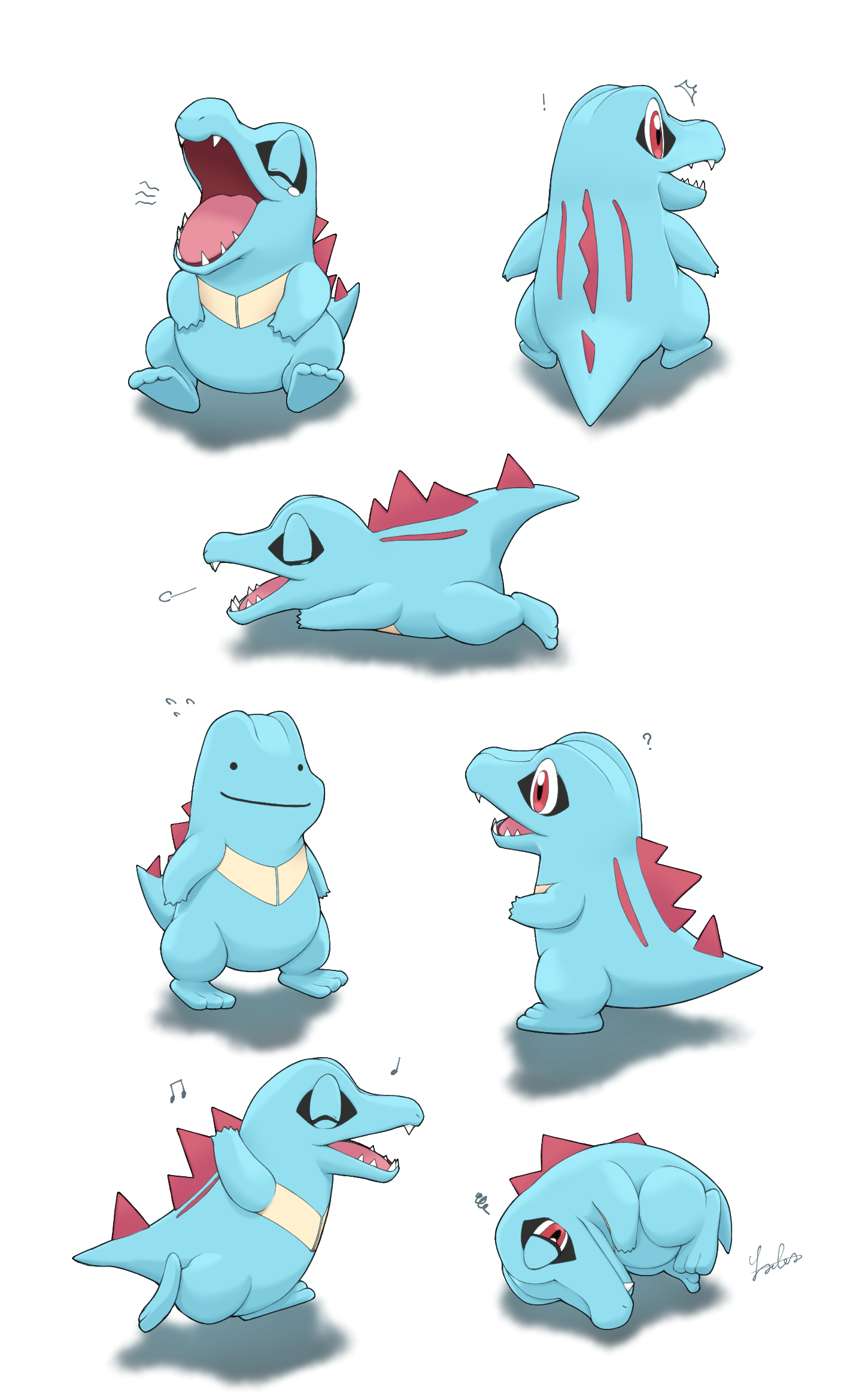 ditto, totodile, transformed ditto, nintendo, pokemon, commentary request, highres, ?, closed eyes, flying sweatdrops, gen 1 pokemon, gen 2 pokemon, lying, musical note, no humans, on side, on stomach, open mouth, pokemon (creature), pokemon focus, red eyes, signature, sitting, squiggle, tearing up, teeth, tongue, tsukinoyo wako