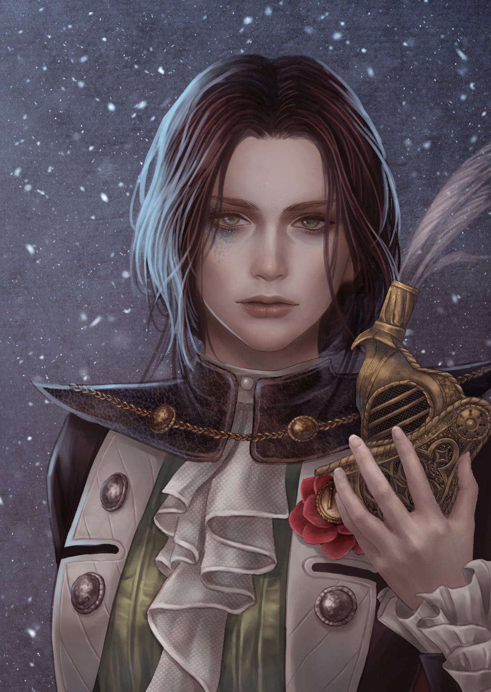 yueciel, lies of p, lies of p: overture, commentary, highres, 1girl, ascot, eyelashes, holding, holding mask, lea florence monad, long hair, looking at viewer, mask, red hair, snowing, solo, upper body, wavy hair, white ascot