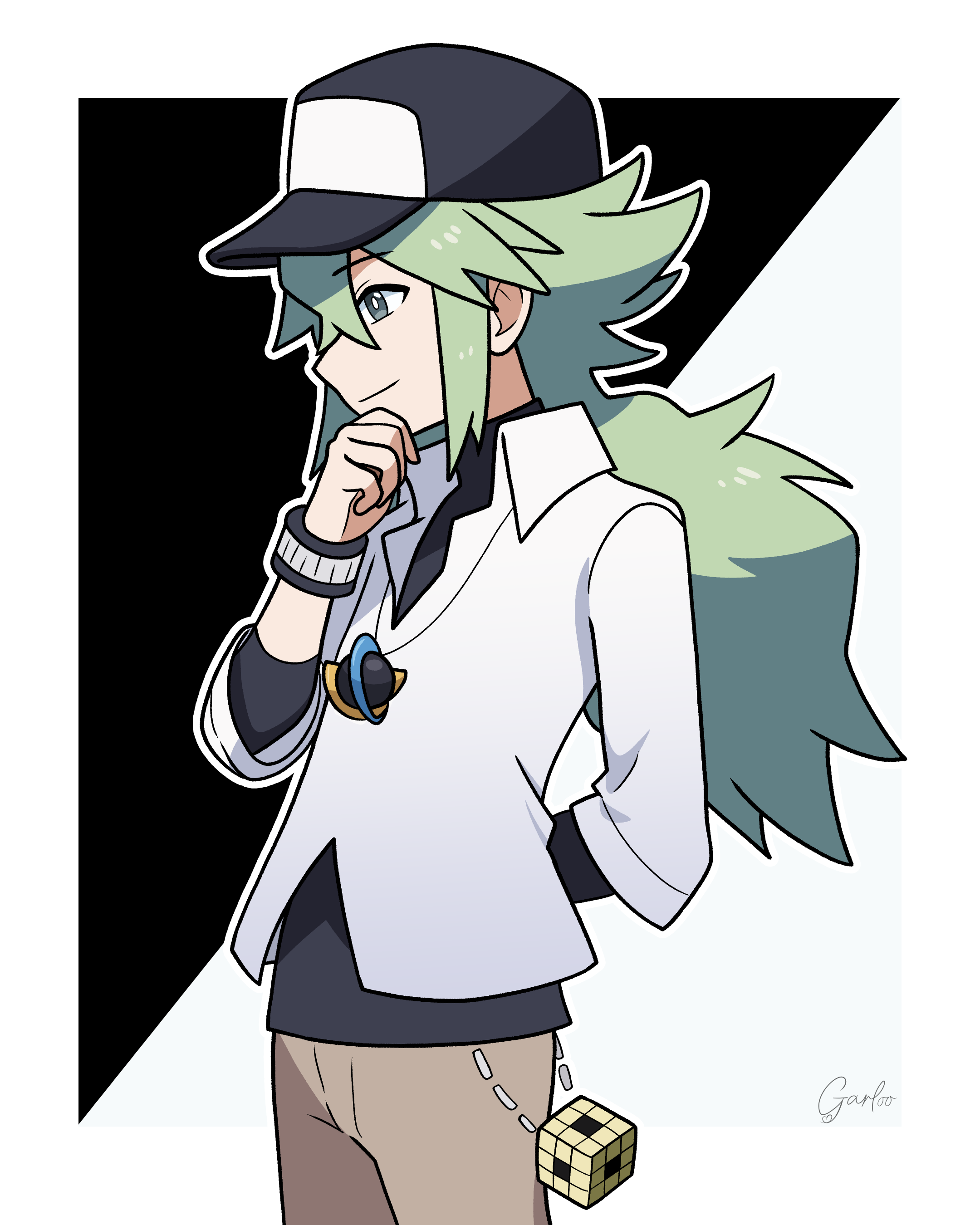 garloo, n (pokemon), nintendo, pokemon, pokemon bw, absurdres, commentary request, highres, 1boy, black hat, bright pupils, brown pants, closed mouth, collared shirt, green hair, grey eyes, hand up, hat, long hair, looking down, male focus, pants, shirt, signature, smile, solo, undershirt, white pupils, white shirt, wristband