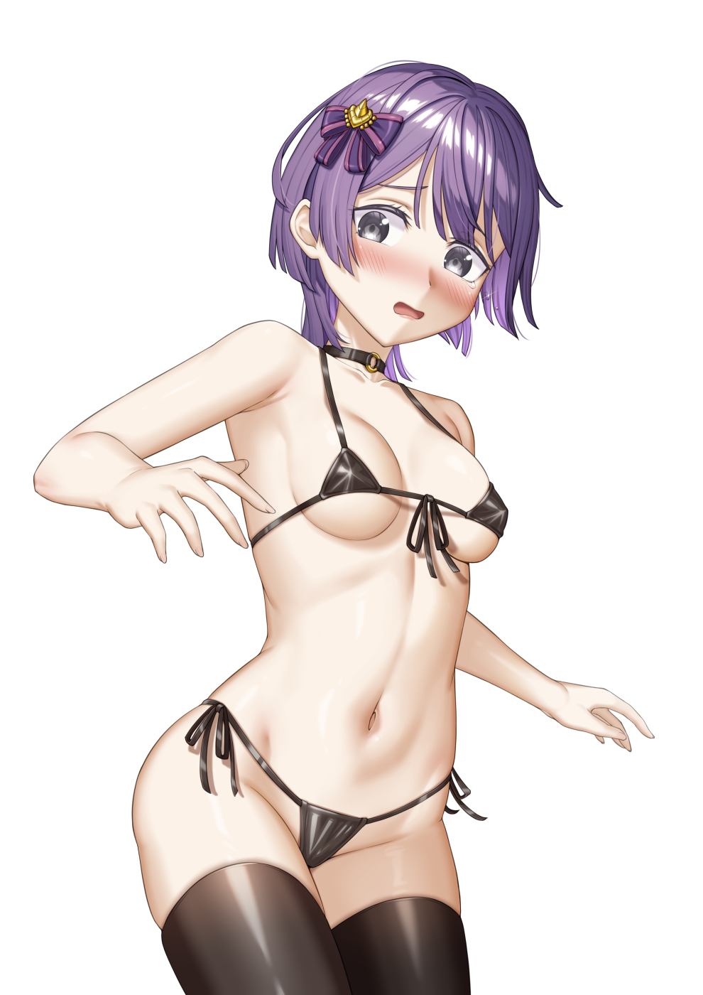 kuro emimi, bernadetta von varley, bernadetta von varley (timeskip), fire emblem, fire emblem: three houses, nintendo, commission, highres, 1girl, armpits, bare arms, bikini, black bikini, black choker, black thighhighs, blush, breasts, choker, covered erect nipples, embarrassed, frown, grey eyes, hair ornament, long hair, medium breasts, micro bikini, navel, o-ring, o-ring choker, open mouth, purple eyes, purple hair, side-tie bikini bottom, sideboob, simple background, skindentation, stomach, swimsuit, thighhighs, thighs, underboob, white background