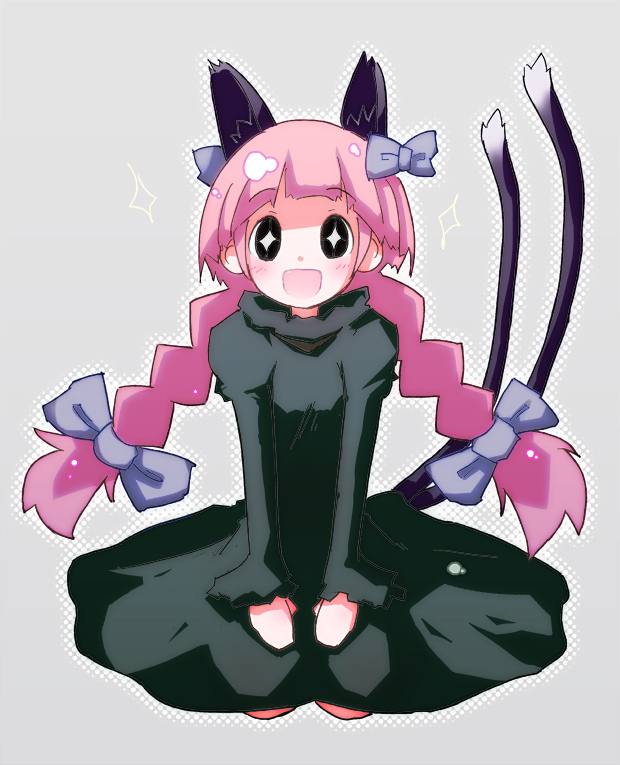 nidieu, kaenbyou rin, touhou, bad id, bad pixiv id, + +, 1girl, animal ears, blush, braid, cat ears, cat girl, cat tail, female focus, grey background, hair ribbon, pink hair, ribbon, sitting, solo, tail, twin braids