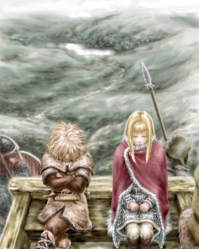 canute, thorfinn, vinland saga, lowres, 1boy, 1girl, armor, cape, crossed arms, red cape, scale armor, sitting