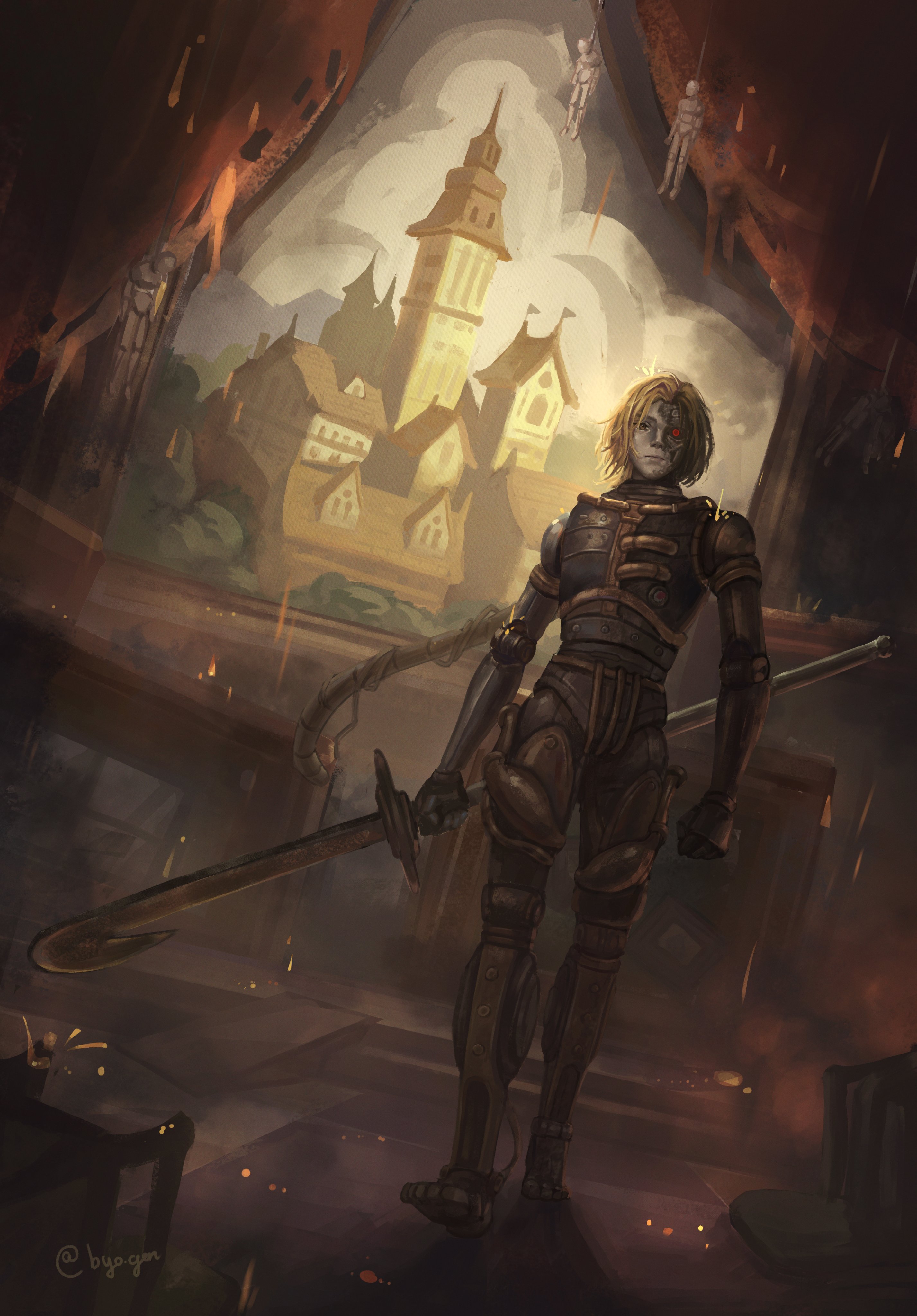 lies of p, absurdres, commentary, english commentary, highres, 1boy, black sclera, blonde hair, boss fight, byougen, colored sclera, embers, full body, holding, holding weapon, in-universe location, indoors, joints, looking at viewer, male focus, marionette, puppet, red eyes, robot joints, romeo (lies of p), solo, walking, weapon
