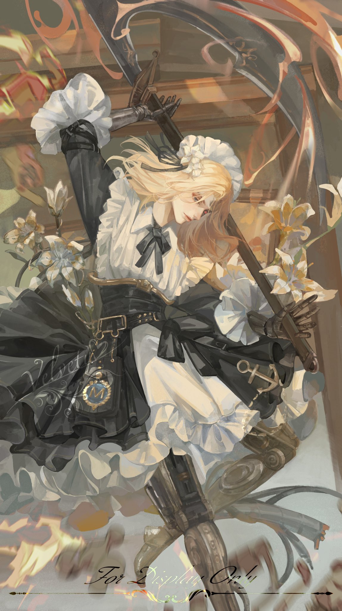 chengya huanwo, lies of p, commentary, commission, english commentary, highres, 1boy, alternate costume, androgynous, blonde hair, blue eyes, crossdressing, crossdressing (mtf), enmaided, fire, floating hair, holding, holding weapon, joints, long hair, maid, male focus, pink lips, puppet, red eyes, robot joints, romeo (lies of p), solo, weapon