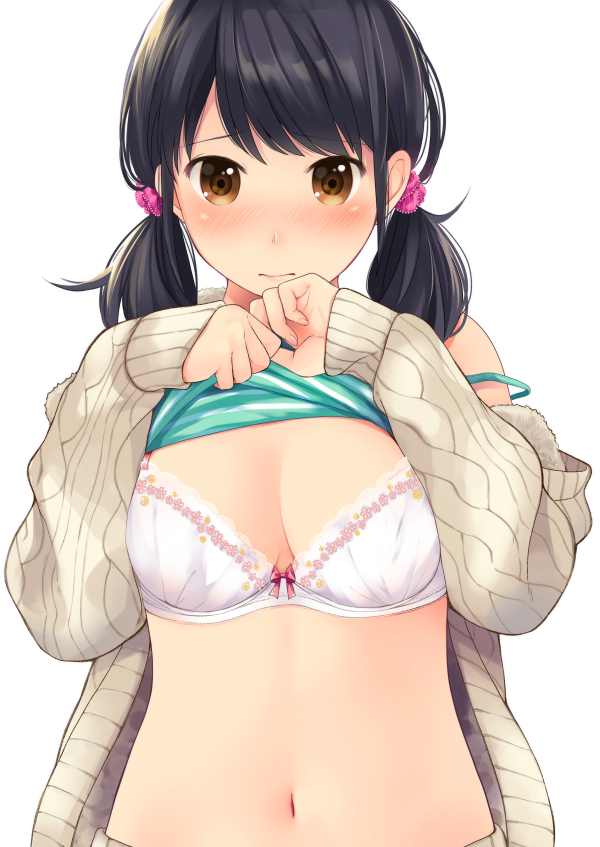 misaki akane, commentary request, 1girl, 1ldk + jk ikinari doukyo? micchaku!? hatsu ecchi!!?, black hair, bow, bow bra, bra, breasts, brown cardigan, brown eyes, camisole, camisole lift, cardigan, clothes lift, fumizuki sou, green camisole, lifting own clothes, low twintails, medium breasts, navel, sleeves past wrists, solo, twintails, underwear, upper body, white bra