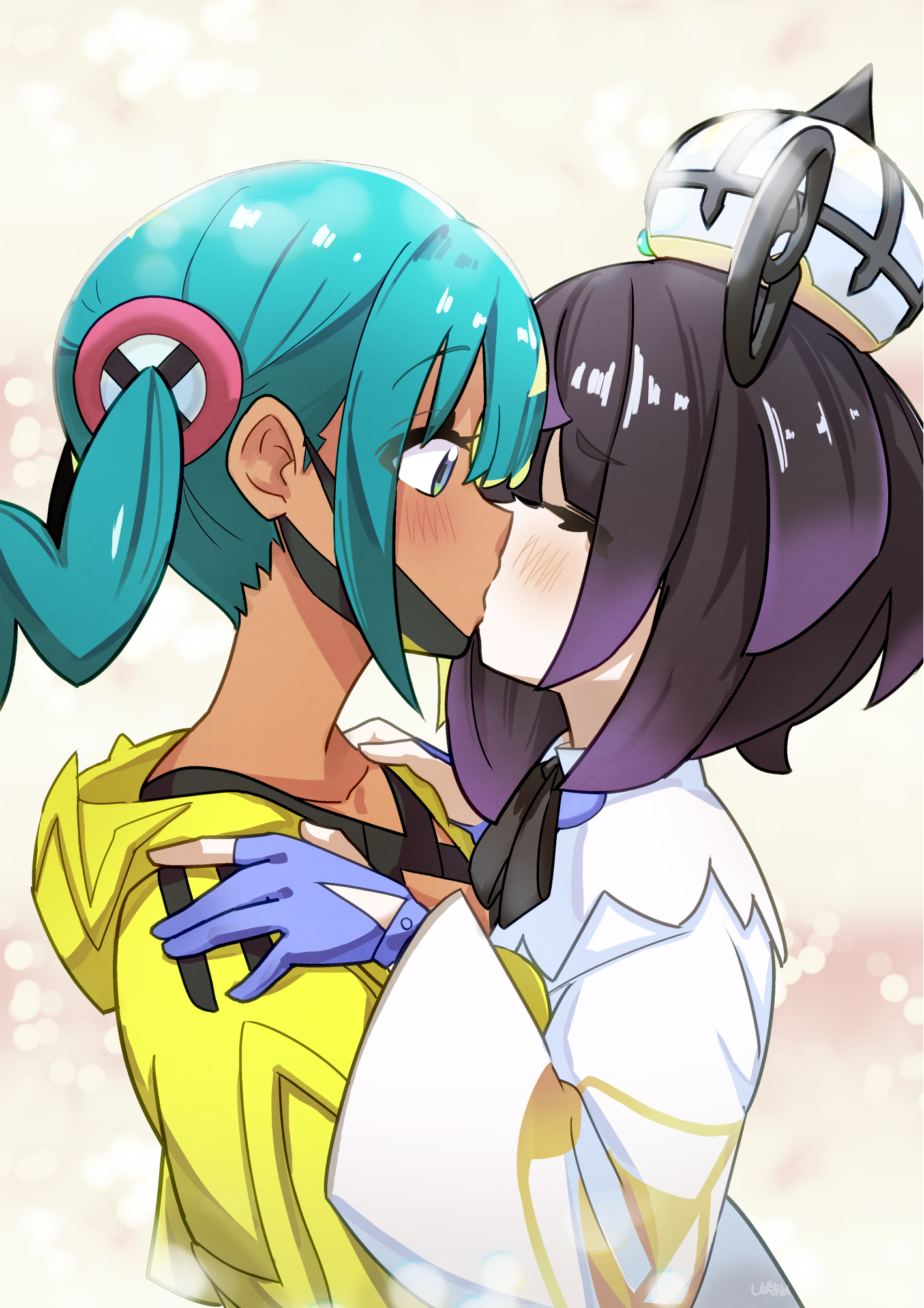 shibaame, canari (pokemon), nintendo, pokemon, pokemon legends: z-a, commentary request, highres, 2girls, aqua hair, black hair, blush, closed eyes, from side, gloves, gwynn (pokemon), hand on another's shoulder, hat, hood, hood down, hooded jacket, jacket, kiss, long sleeves, multiple girls, partially fingerless gloves, purple gloves, upper body, yellow jacket, yuri