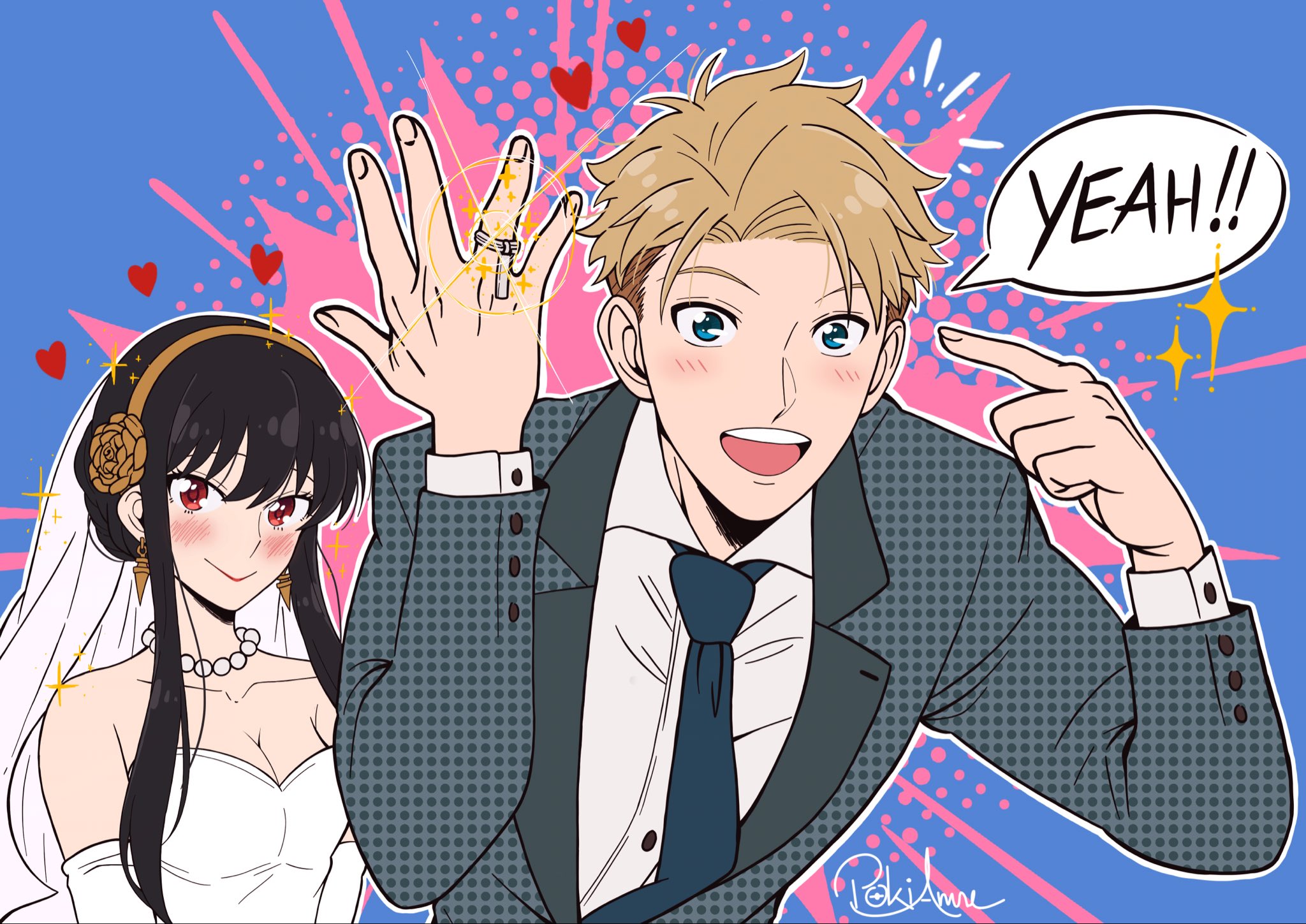pokianne, twilight (spy x family), yor briar, spy x family, highres, 1boy, 1girl, black hair, blonde hair, blue eyes, blush, bride, dress, groom, hairband, headband, looking at viewer, open mouth, red eyes, shirt, smile, upper body, wedding dress, white shirt