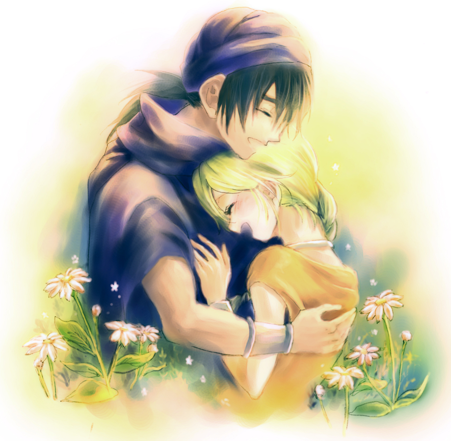 momo (gomenne), mou ii, bianca (dq5), hero (dq5), dragon quest, dragon quest v, bad id, bad pixiv id, 1boy, 1girl, blonde hair, blush, closed eyes, couple, flower, happy, head rest, hetero, hug, smile, turban