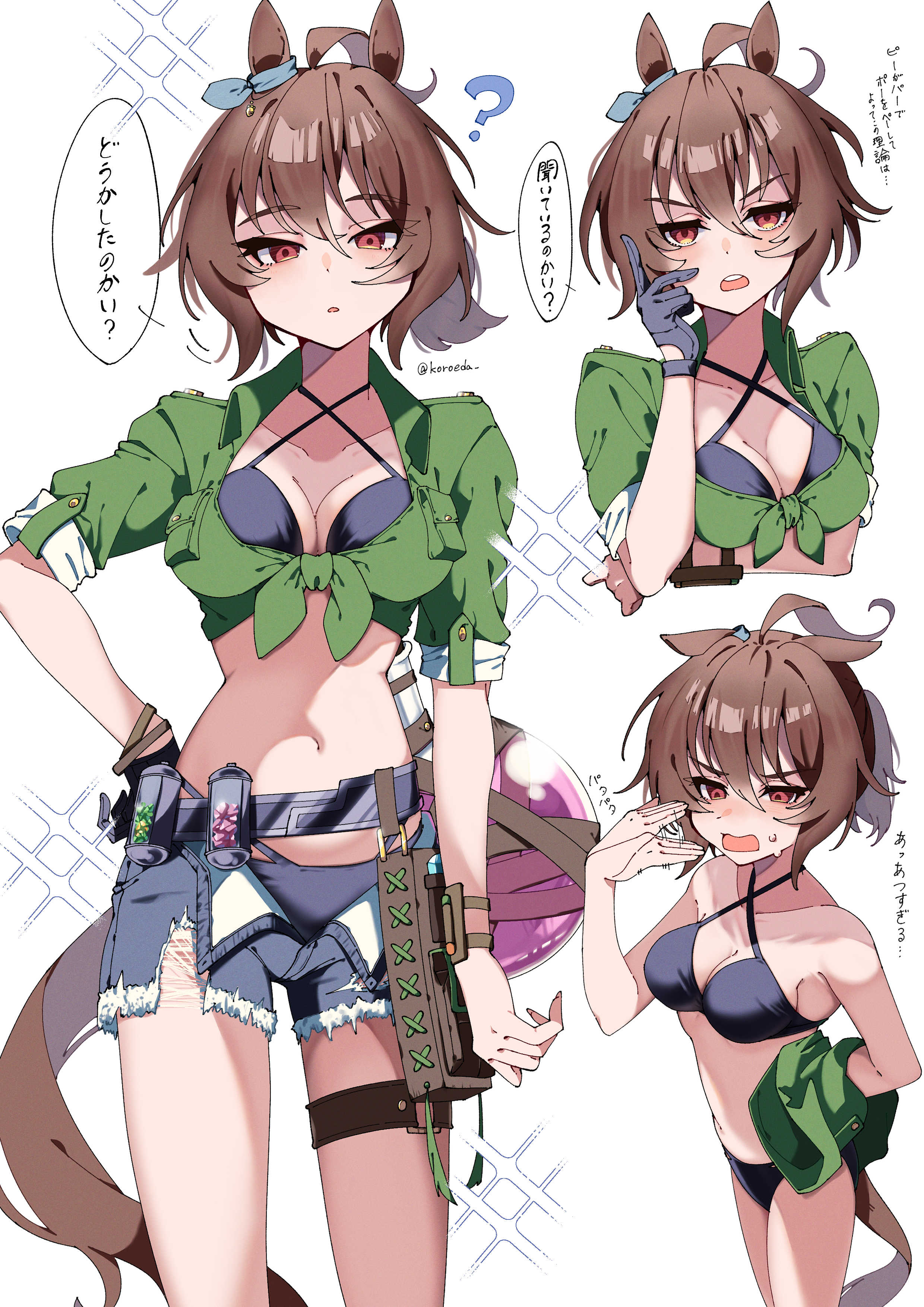 koroeda6, agnes tachyon (lunatic lab) (umamusume), agnes tachyon (umamusume), umamusume, absurdres, highres, 1girl, animal ears, bikini, black bikini, black gloves, blush, brown hair, cropped shirt, denim, denim shorts, fanning self, gloves, green shirt, hair between eyes, hand on own face, hand on own hip, horse ears, horse girl, horse tail, navel, open clothes, open mouth, open shorts, red eyes, shirt, short hair, shorts, single glove, solo, stomach, swimsuit, tail, thigh strap, tied shirt, wolf cut