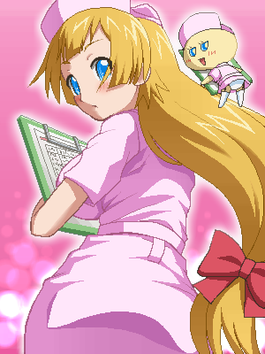 awa, shishidou imoko, sora wo kakeru shoujo, lowres, 00s, 1girl, blonde hair, blue eyes, blush, bow, female focus, jaggy lines, long hair, looking back, nurse, oekaki, pink background, solo