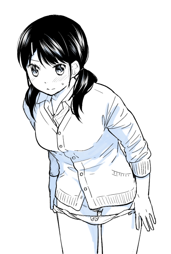 misaki akane, commentary request, 1girl, 1ldk + jk ikinari doukyo? micchaku!? hatsu ecchi!!?, blush, breasts, female pubic hair, fumizuki sou, greyscale, leaning forward, low twintails, medium breasts, monochrome, panties, panty pull, pubic hair, pulling own clothes, pussy juice, shirt, solo, sweatdrop, twintails, underwear