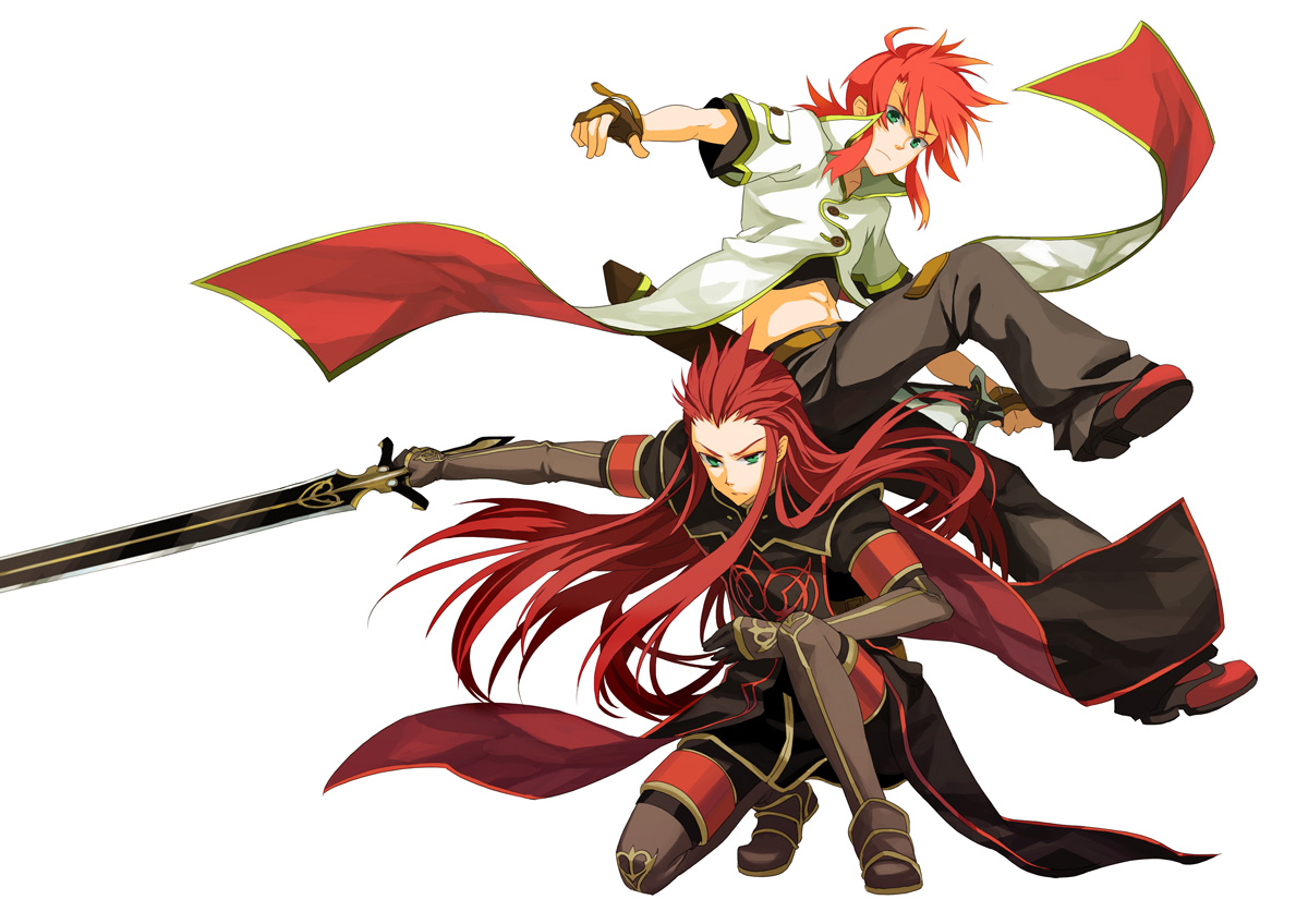 osamu (jagabata), asch (tales), luke fon fabre, tales of (series), tales of the abyss, md5 mismatch, resolution mismatch, source larger, 00s, 2boys, full body, holding, holding sword, holding weapon, male focus, multiple boys, simple background, surcoat, sword, weapon, white background