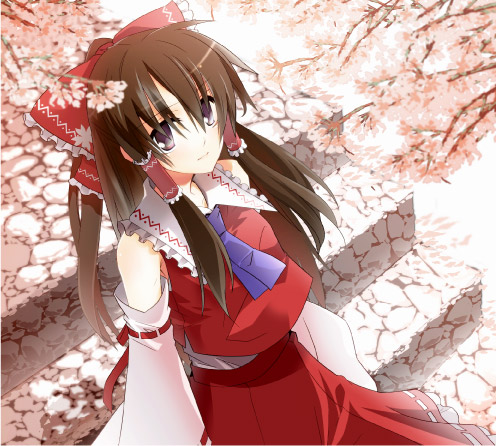 muraya yoshihisa, hakurei reimu, phantasmagoria of flower view, touhou, lowres, 1girl, brown hair, cherry blossoms, detached sleeves, female focus, japanese clothes, miko, nature, outdoors, plant, skirt, solo