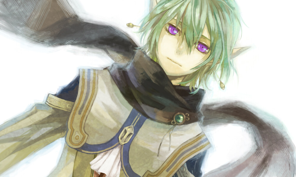 shinono, faize scheifa beleth, star ocean, star ocean: the last hope, 1boy, bishounen, dutch angle, green hair, male focus, pointy ears, purple eyes, scarf, solo