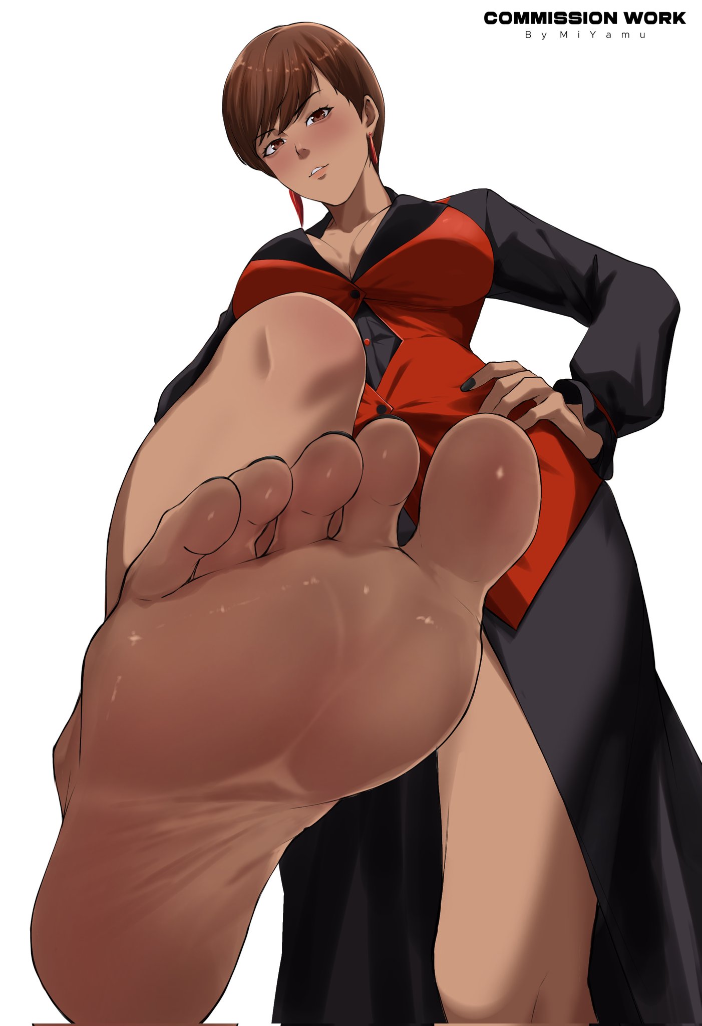 vice (kof), the king of fighters, 1girl, breasts, brown eyes, brown hair, dark-skinned female, dark skin, dress, earrings, feet, female focus, formal clothes, hand on own hip, huge breasts, jewelry, large breasts, long sleeves, looking at viewer, miyamu x, short hair, suit, tan, thick thighs, thighs, wide hips