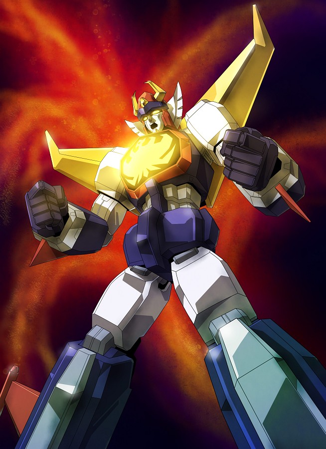 zouni (xavier), trider g7 (robot), trider g7, 1980s (style), bad id, bad pixiv id, mecha, no humans, oldschool, retro artstyle, robot, solo, space, super robot