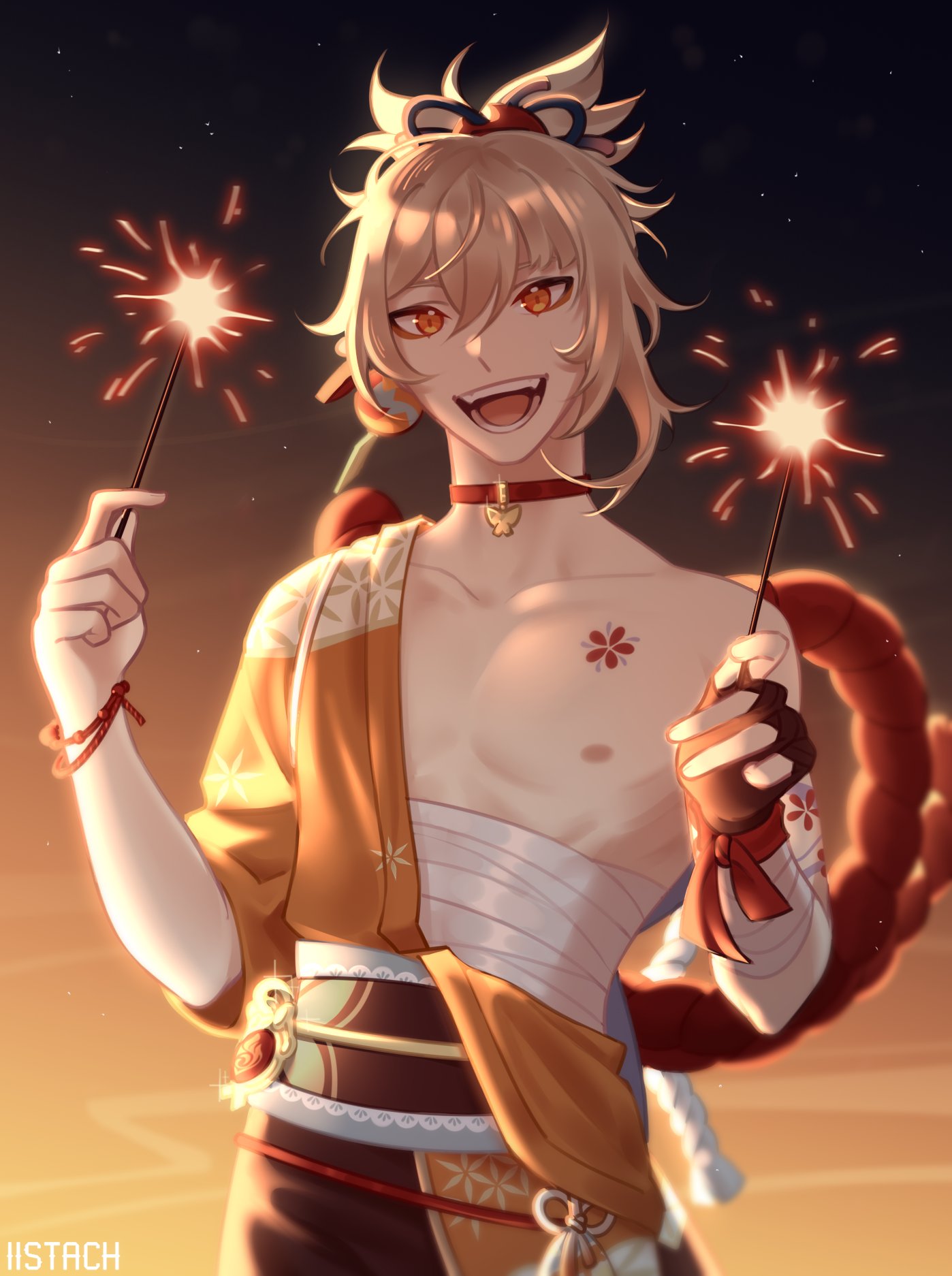 iistach, yoimiya (genshin impact), genshin impact, highres, 1boy, arm out of sleeve, arm tattoo, artist name, bandaged arm, bandages, blonde hair, blurry, blurry background, butterfly choker, chest tattoo, choker, evening, fangs, fingerless gloves, fireworks, flower tattoo, genderswap, genderswap (ftm), gloves, gradient sky, hadanugi dousa, hair between eyes, holding, holding fireworks, japanese clothes, kimono, looking at viewer, male focus, midriff sarashi, open kimono, open mouth, orange eyes, orange kimono, pyro symbol (genshin impact), red choker, rope, sarashi, sash, shimenawa, single fingerless glove, single glove, sky, smile, solo, sparkler, star (sky), starry sky, tattoo, toned, toned male, upper body, vision (genshin impact)