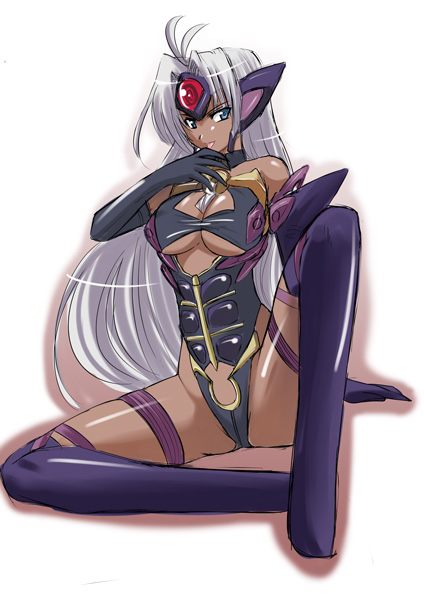 zerosu (take out), t-elos, xenosaga, xenosaga episode iii, silver hair, 00s, 1girl, blue eyes, breasts, cleavage, cyborg, dark-skinned female, dark skin, elbow gloves, female focus, full body, gloves, gradient background, long hair, solo, thigh strap, thighhighs, tongue