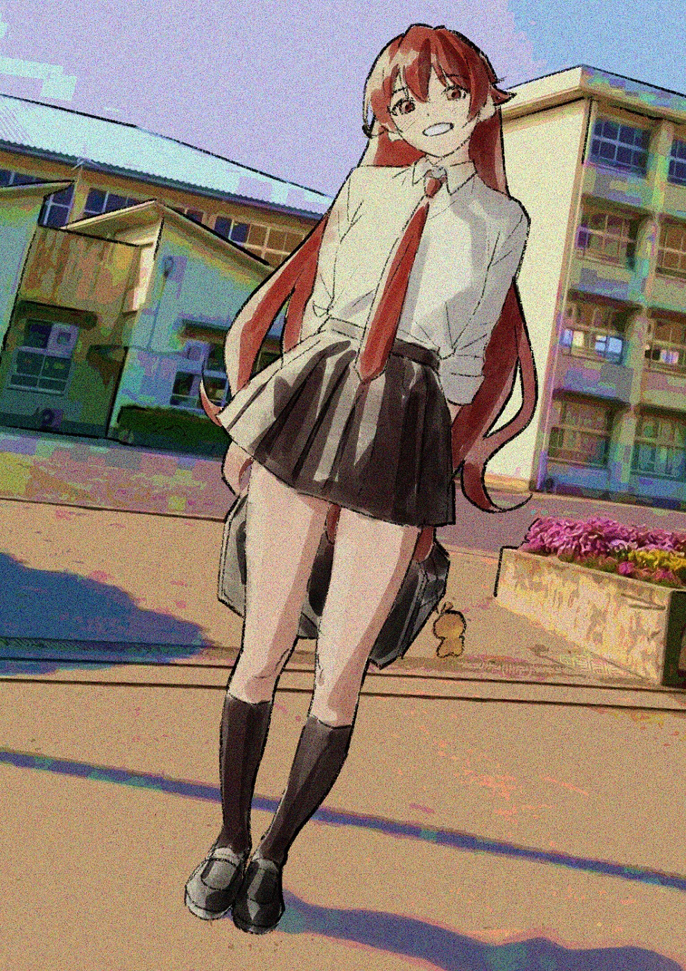 nyus0721, eris greyrat, mushoku tensei, highres, 1girl, arms behind back, bag, black shoes, black skirt, black socks, film grain, holding, holding bag, kneehighs, long hair, looking at viewer, necktie, outdoors, red eyes, red hair, red necktie, school uniform, shirt, shoes, skirt, smile, socks, solo, white shirt