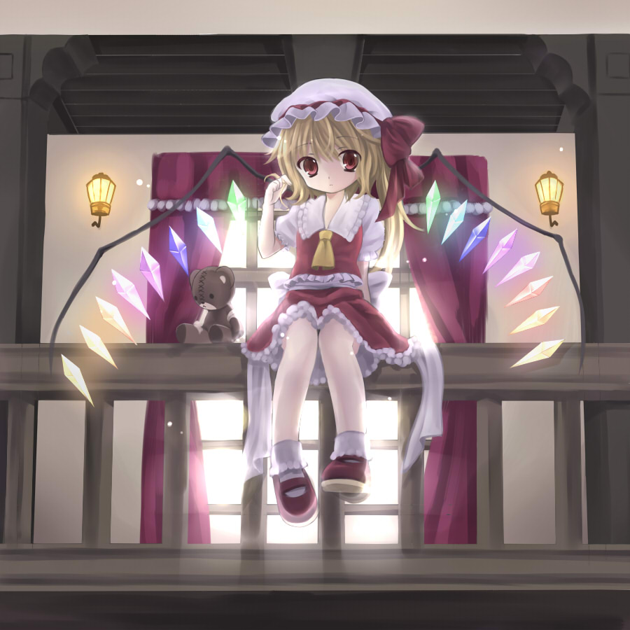 hanabana tsubomi, flandre scarlet, touhou, 1girl, backlighting, blonde hair, bobby socks, female focus, glowing, hat, lamp, mary janes, ponytail, red eyes, shoes, side ponytail, sitting, socks, solo, stuffed animal, stuffed toy, teddy bear, twirling hair, window, wings