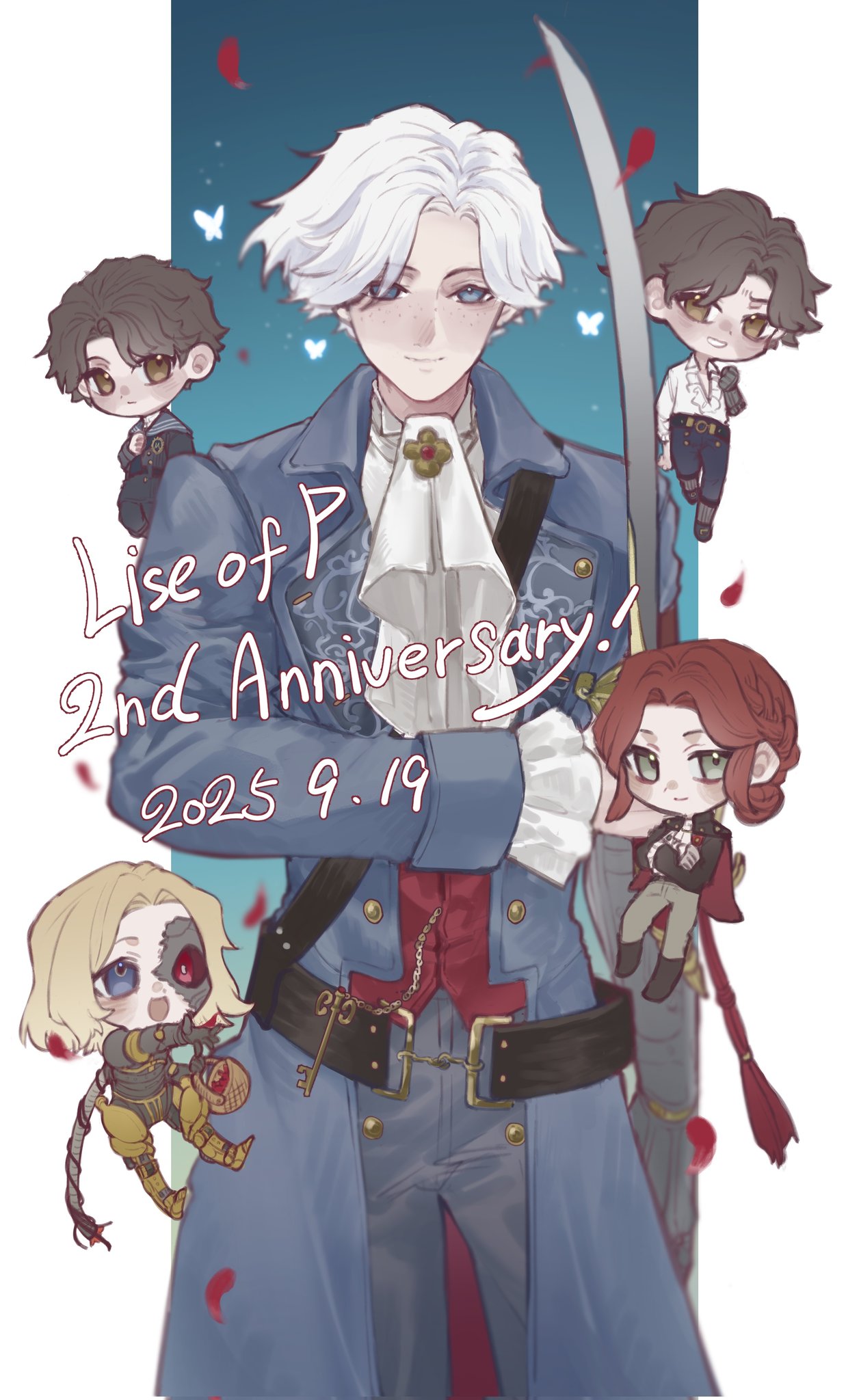 pinocchio (lies of p), lies of p, lies of p: overture, commentary, english commentary, highres, 1girl, 3boys, anniversary, black sclera, blonde hair, blue eyes, brown eyes, brown hair, carlo (lies of p), chibi, closed mouth, colored sclera, copyright name, dated, freckles, grey hair, holding, holding sword, holding weapon, lea florence monad, motimoti0144, multiple boys, multiple views, official alternate hair color, red eyes, red hair, romeo (lies of p), short hair, smile, sword, weapon, white hair