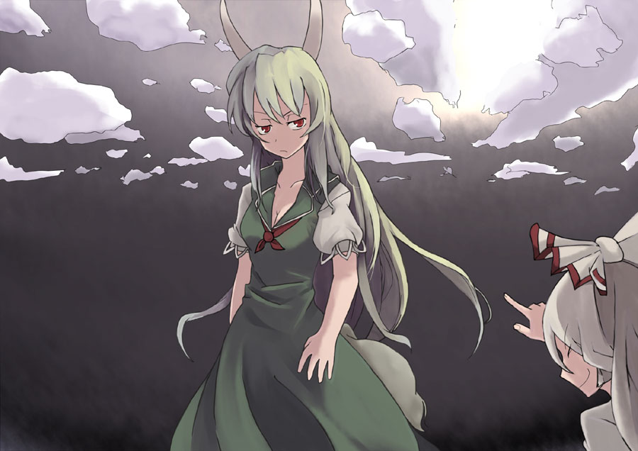 mieharu, ex-keine, fujiwara no mokou, kamishirasawa keine, touhou, silver hair, 2girls, annoyed, bow, breasts, cleavage, cloud, completely unamused, dress, female focus, floating hair, green hair, hair bow, horns, laughing, long hair, multiple girls, night, puffy sleeves, red eyes, short sleeves, sky, tail, unamused, very long hair