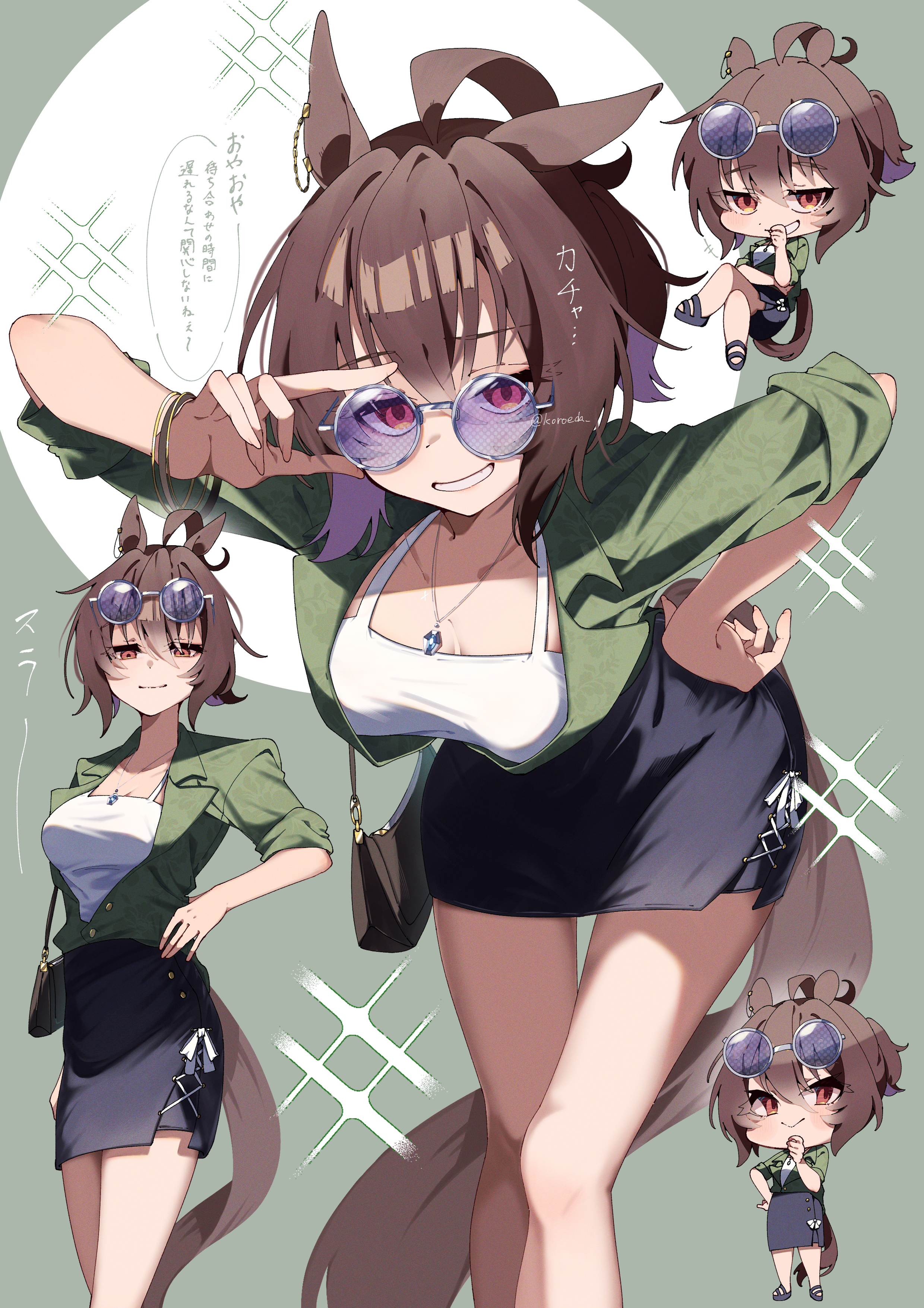 koroeda6, agnes tachyon (umamusume), umamusume, absurdres, highres, 1girl, ahoge, bag, black bag, black skirt, blush, closed mouth, crossed legs, green jacket, grin, hair between eyes, hand on own hip, holding, holding bag, horse girl, horse tail, jacket, leaning forward, pencil skirt, purple-tinted eyewear, red eyes, round eyewear, shirt, short hair, skirt, smile, tail, tinted eyewear, white shirt, wolf cut