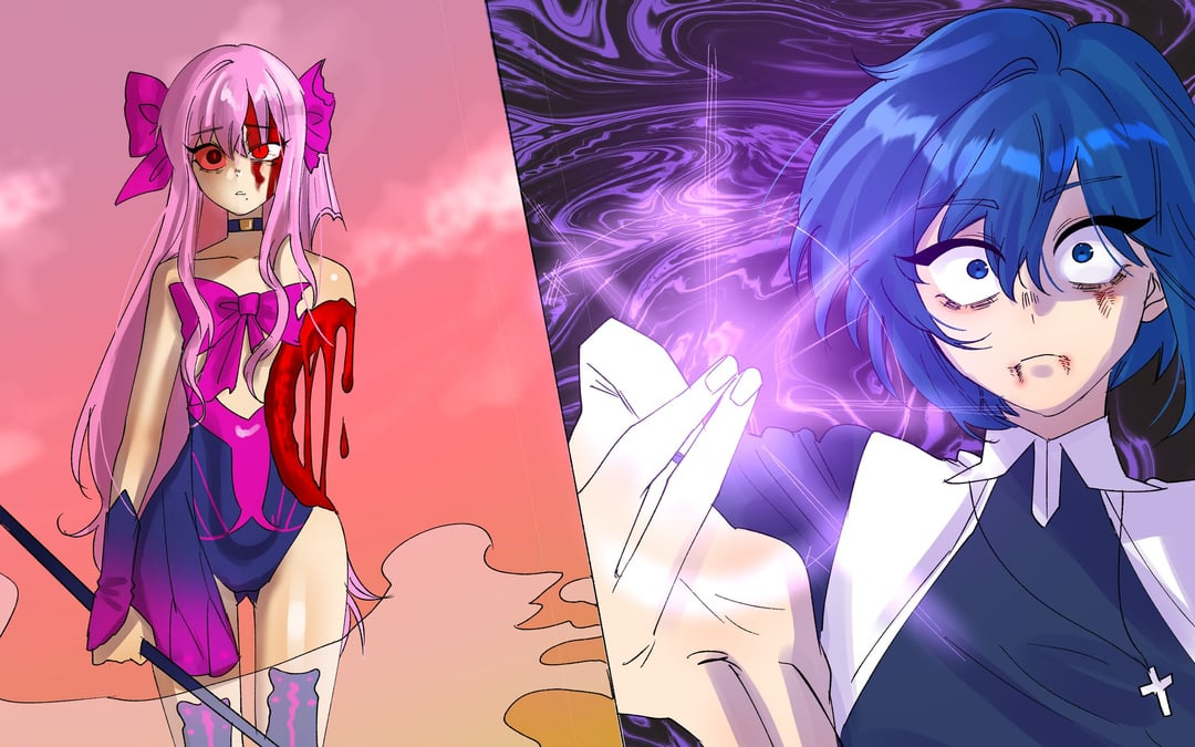 vector inspector24, ciel (tsukihime), dead apostle noel (tsukihime), noel (tsukihime), jujutsu kaisen, tsukihime, tsukihime (remake), 2girls, battle, battle damage, blood, blood drip, blood on face, bow, choker, cross, cross necklace, dress bow, floating clothes, floating neckwear, gojou's imaginary technique, hair bow, holding, holding weapon, jewelry, leotard, long hair, looking at viewer, meme, multiple girls, mystic eyes of roses, necklace, nun, pink bow, polearm, red eyes, sad, thighhighs, thighs, tunic, vampire, wavy hair, weapon, wing collar