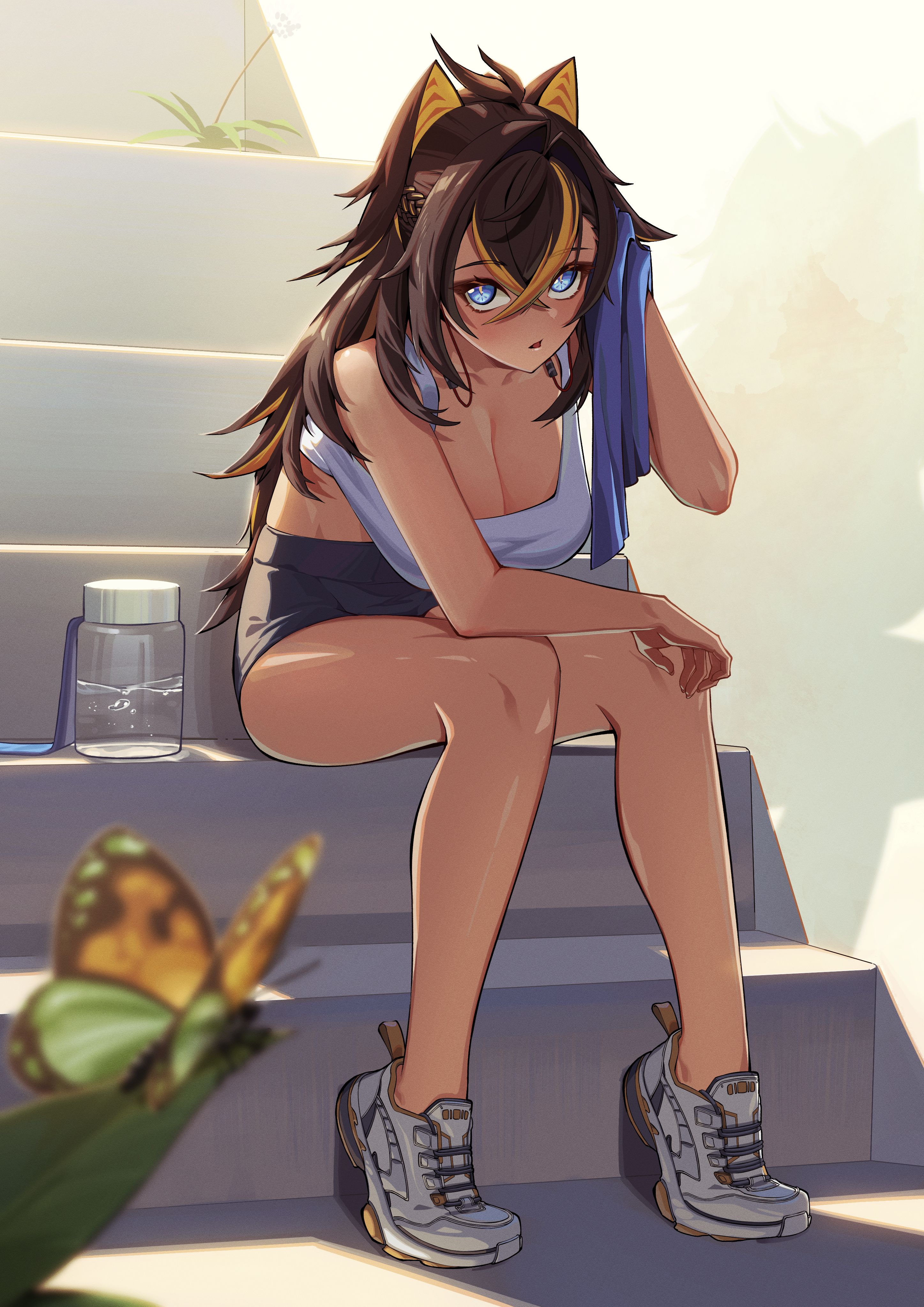 huan biao xiang, dehya (genshin impact), genshin impact, absurdres, highres, 1girl, ahoge, alternate costume, bare arms, bare legs, bare shoulders, black hair, black shorts, blonde hair, blue eyes, blurry, blurry foreground, bottle, breasts, bug, butterfly, cleavage, collarbone, crossed bangs, dark-skinned female, dark skin, earbuds, earphones, hair between eyes, hair ears, hair intakes, holding, holding towel, insect, large breasts, leaning forward, legs, long hair, looking at viewer, multicolored hair, parted lips, shoes, shorts, sitting, sitting on stairs, solo, sports bra, stairs, streaked hair, thighs, toned, toned female, towel, two-tone hair, very long hair, water bottle, white shoes, white sports bra, yellow pupils