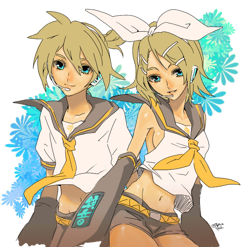 tonosuke, kagamine len, kagamine rin, vocaloid, bad id, bad pixiv id, 1boy, 1girl, aqua eyes, blonde hair, brother and sister, headset, siblings, twins
