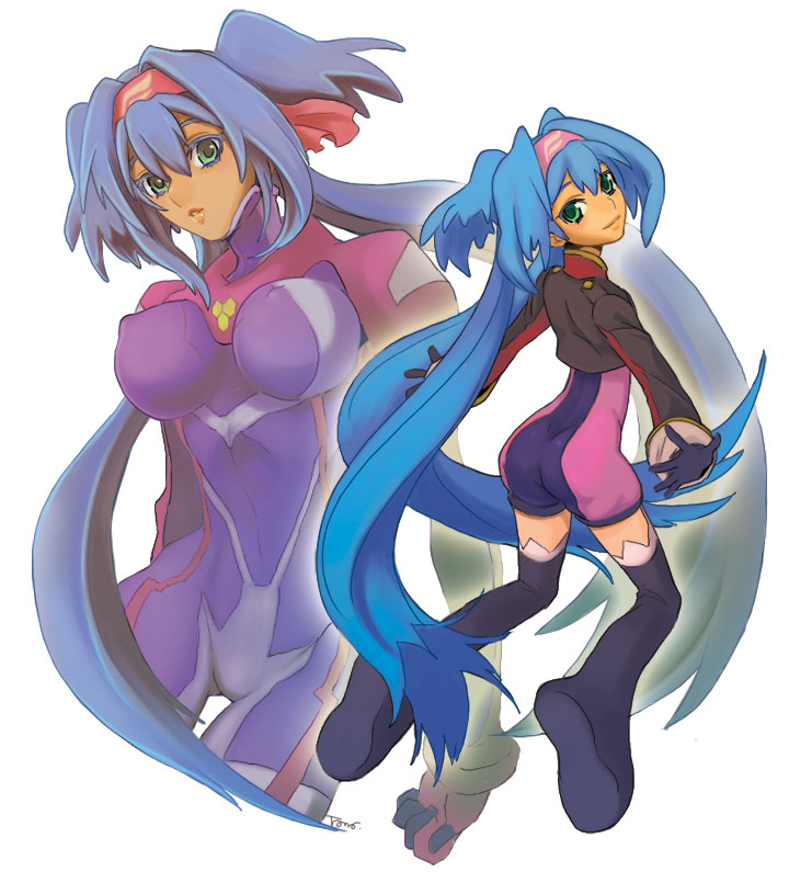 tonosuke, klan klein, meltrandi, zentradi, macross, macross frontier, blue footwear, pilot suit, bad id, bad pixiv id, 00s, 1girl, age difference, aged up, ass, blue gloves, blue hair, blue thighhighs, blush, bodysuit, boots, bracer, breasts, breasts apart, child, clenched hand, colored eyelashes, covered erect nipples, cowboy shot, crop top, dual persona, emblem, flat chest, from side, full body, giant, giantess, gloves, green eyes, grin, hair between eyes, headband, impossible bodysuit, impossible clothes, large breasts, legs, light smile, long hair, looking at viewer, looking back, low twintails, maclone, miclone, military, military uniform, outline, outstretched arms, parted lips, purple bodysuit, quad tails, s.m.s., short twintails, signature, simple background, size difference, skin tight, sleeve cuffs, smile, spread arms, thigh boots, thigh gap, thighhighs, thighs, turtleneck, twintails, unitard, very long hair, white background