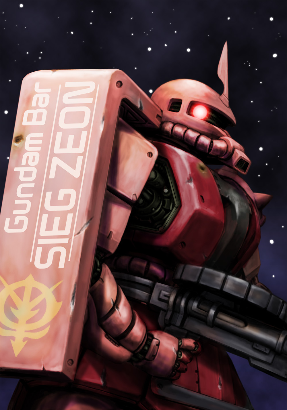 aniki gunsou, zaku, zaku ii, zaku ii s char custom, gundam, mobile suit gundam, highres, damaged, glowing, gun, machine gun, mecha, no humans, robot, solo, space, weapon