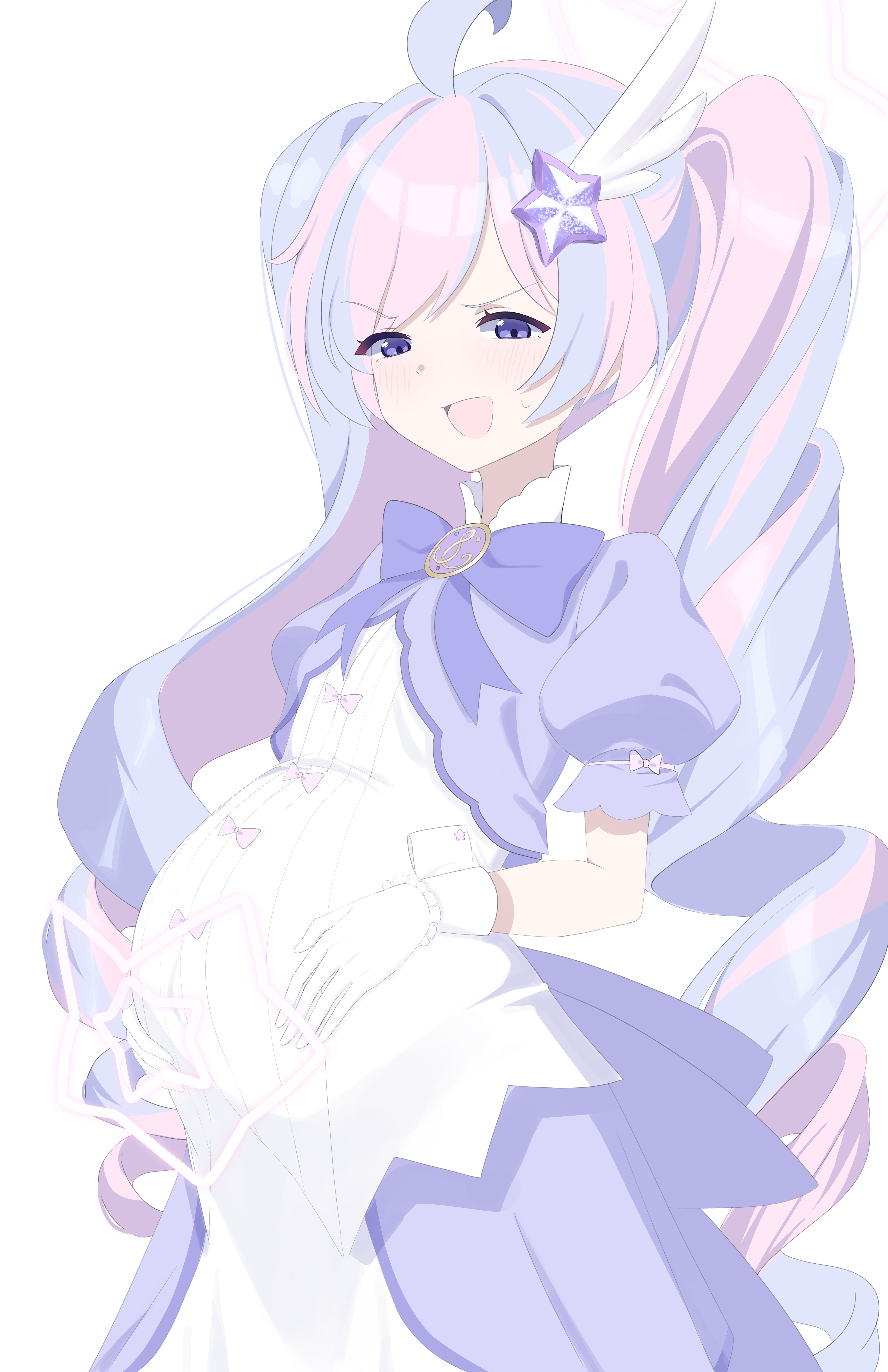 madrawing, reisa (blue archive), reisa (magical) (blue archive), blue archive, absurdres, highres, 1girl, ahoge, big belly, dress, drill hair, gloves, hair ornament, halo, hands on own stomach, long hair, looking at viewer, magical girl, multicolored hair, open mouth, pink hair, pink halo, pregnancy halo, pregnant, puffy short sleeves, puffy sleeves, purple eyes, short sleeves, solo, star (symbol), star hair ornament, star halo, twin drills, twintails, two-tone hair, very long hair, white background, white gloves
