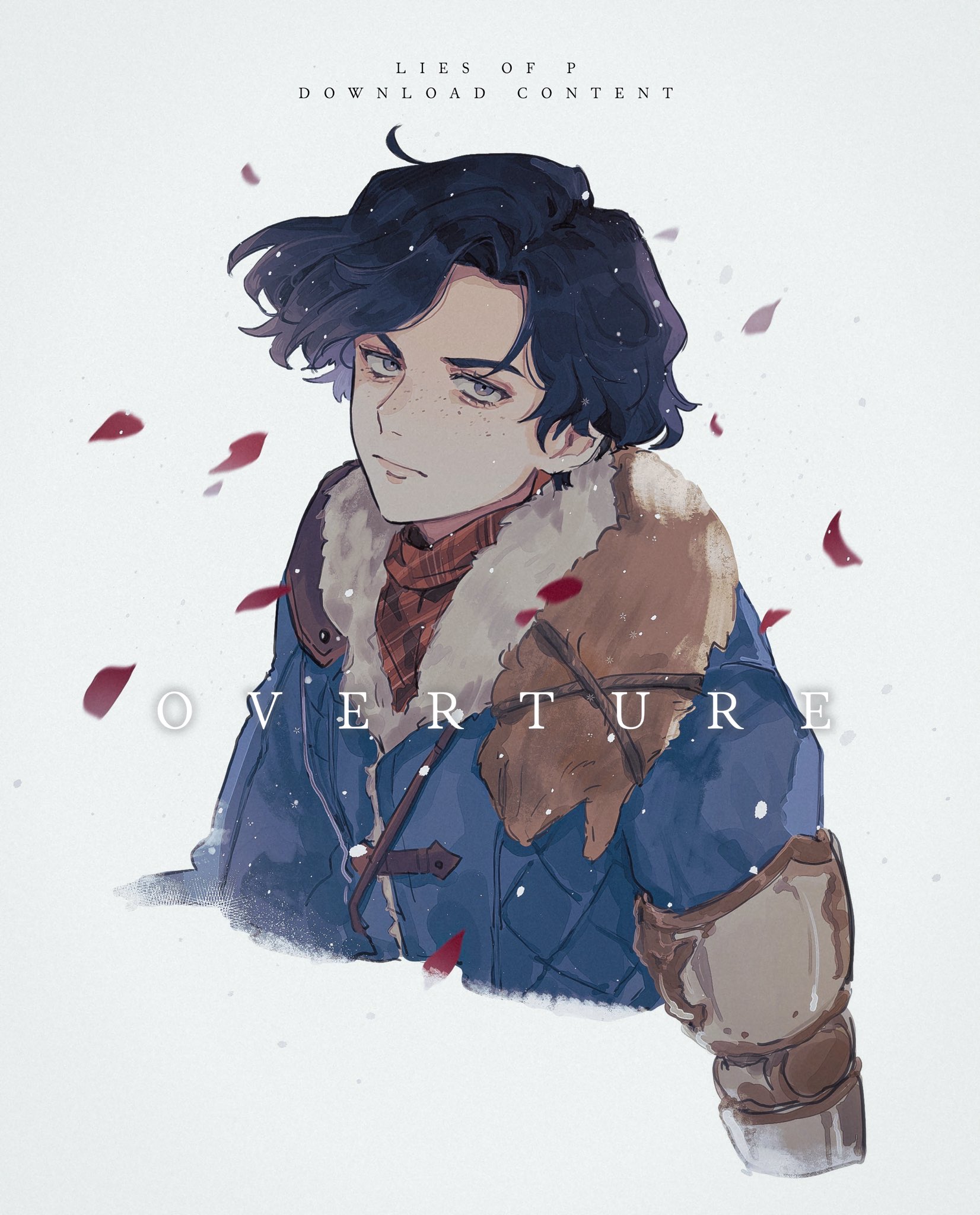 hardy a9, pinocchio (lies of p), lies of p, lies of p: overture, commentary request, highres, 1boy, black hair, blue coat, closed mouth, coat, copyright name, falling petals, freckles, grey eyes, looking at viewer, male focus, petals, red petals, short hair, simple background, solo, upper body, white background