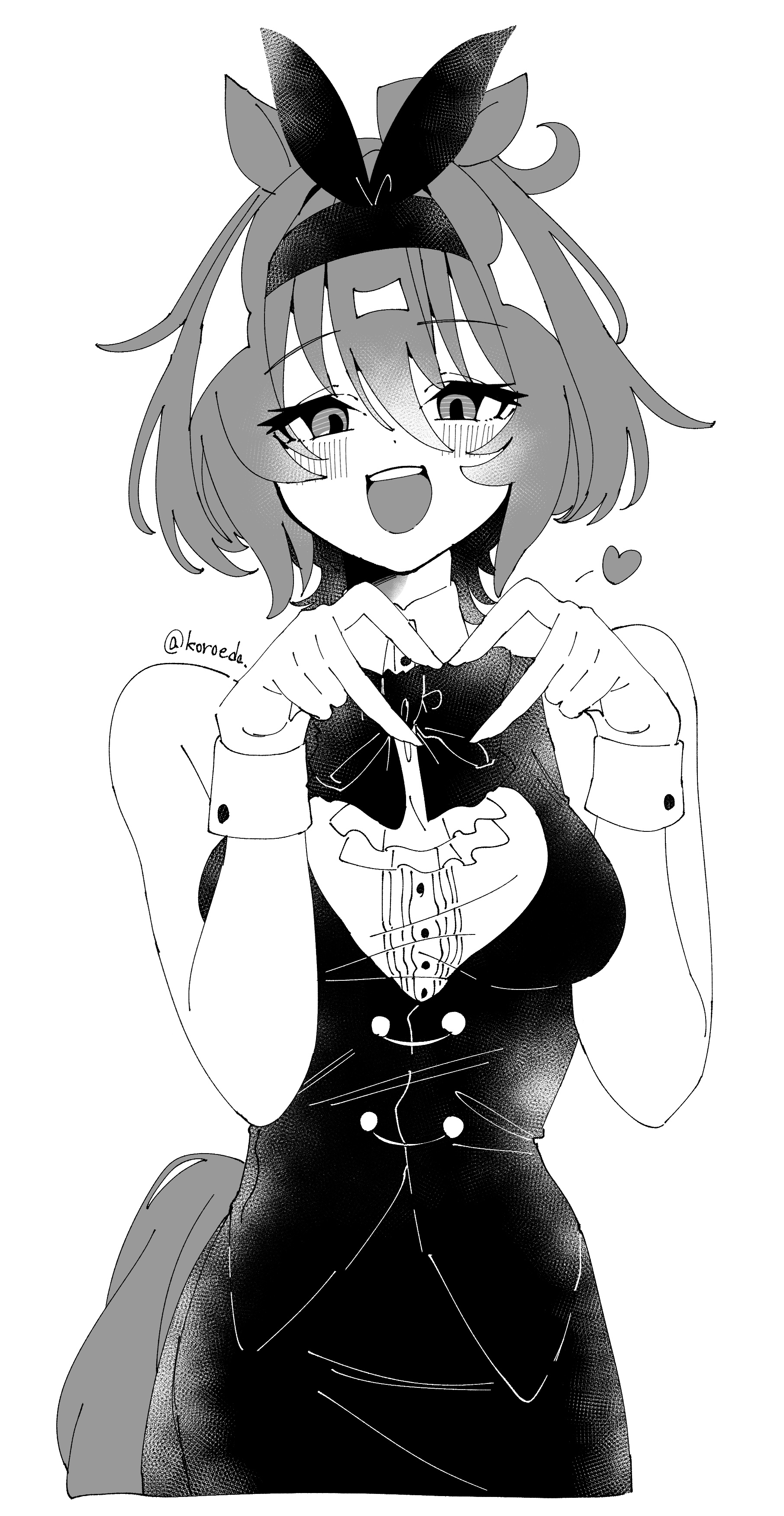 koroeda6, agnes tachyon (umamusume), umamusume, absurdres, highres, alternate costume, animal ears, blush, bow, bow hairband, greyscale, hair between eyes, hairband, heart, heart hands, horse ears, horse girl, horse tail, monochrome, nontraditional playboy bunny, open mouth, shirt, short hair, skirt, sleeveless, sleeveless shirt, tail, teeth, upper teeth only, vest, wrist cuffs