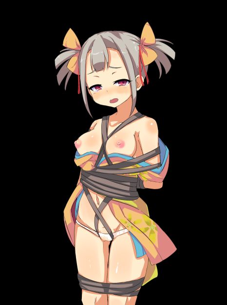 game cg, variant set, 1girl, anime coloring, arms behind back, bare shoulders, black background, blush, bound, bound legs, bow, breasts, collarbone, cowboy shot, detached sleeves, embarrassed, grey hair, hair between eyes, hair bow, half-closed eyes, japanese clothes, kimono, looking at viewer, medium breasts, mizuha (toraware no kami-sama), navel, nipples, no pants, obi, open clothes, open kimono, open mouth, panties, raised inner eyebrows, red eyes, rope, sash, shibari, shibari over clothes, short hair, short kimono, shoulder blush, simple background, sleeveless, sleeveless kimono, solo, standing, tachi-e, tachinori buranko, thighs, toraware no kami-sama to tabi no shoujo, torogao, twintails, underwear, white panties, wide sleeves, yellow bow, yellow kimono, yellow sash