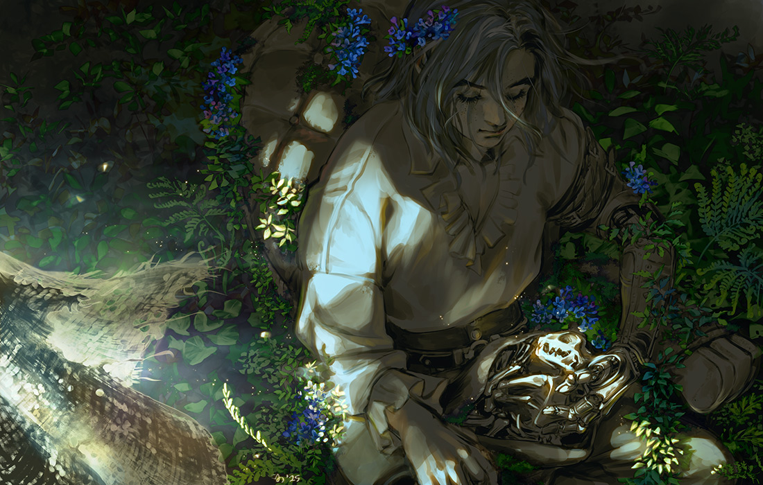 keiiii, pinocchio (lies of p), lies of p, commentary, english commentary, 1boy, animal skeleton, closed eyes, closed mouth, freckles, grey hair, leaf, male focus, mechanical arms, official alternate hair color, plant, prosthesis, prosthetic arm, shirt, single mechanical arm, sitting, solo, white shirt