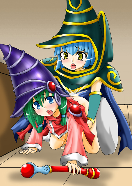 card ejector, miracle flipper, yu-gi-oh!, yu-gi-oh! gx, 1boy, 1girl, all fours, armor, blue eyes, blue hair, blush, cape, cum, doggystyle, duel monster, green hair, hat, hetero, loli, magician, open mouth, saliva, sex, sex from behind, tongue, wizard hat, yellow eyes
